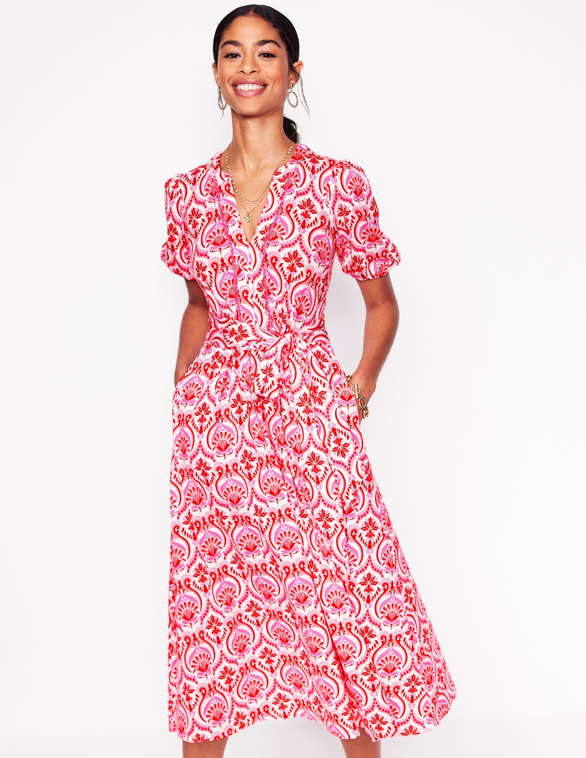 Sofia Trim jersey midi dress-Poppy Red, Ornamental Floral-1