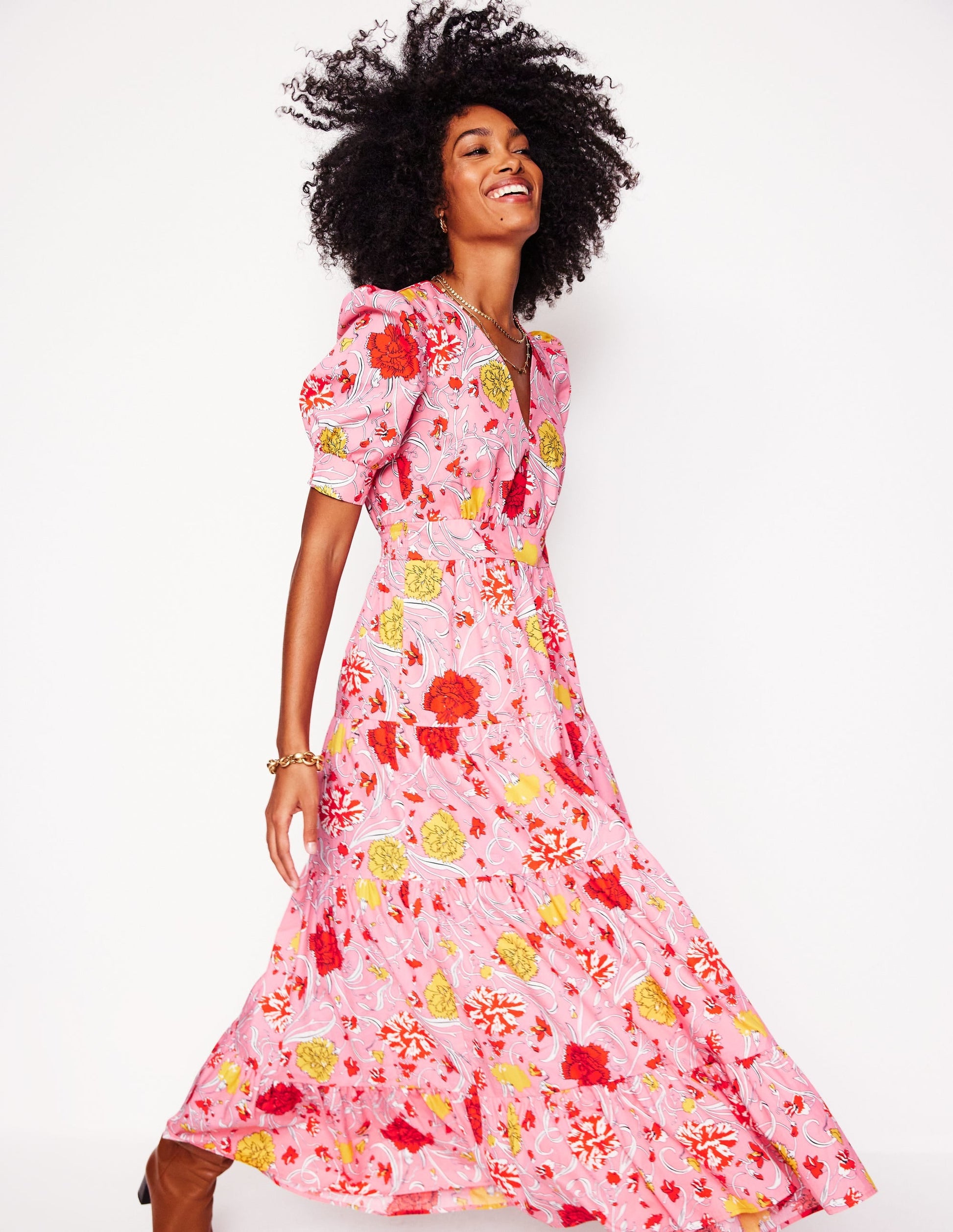 Bella Puff Sleeve Maxi Dress-Salmon Pink, Carnation Vine-4