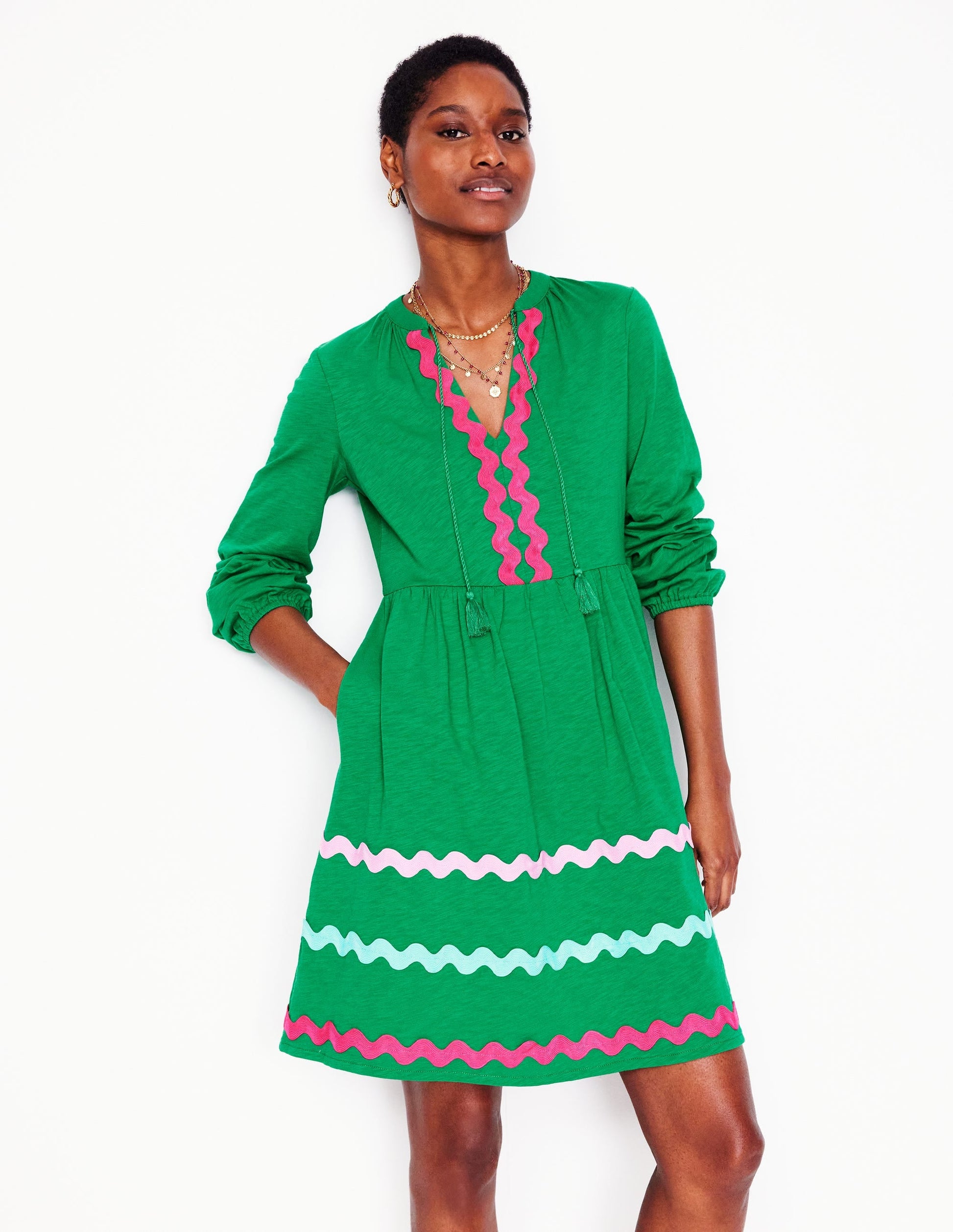 Corinna Ric Rac Jersey Dress-Rich Emerald-1