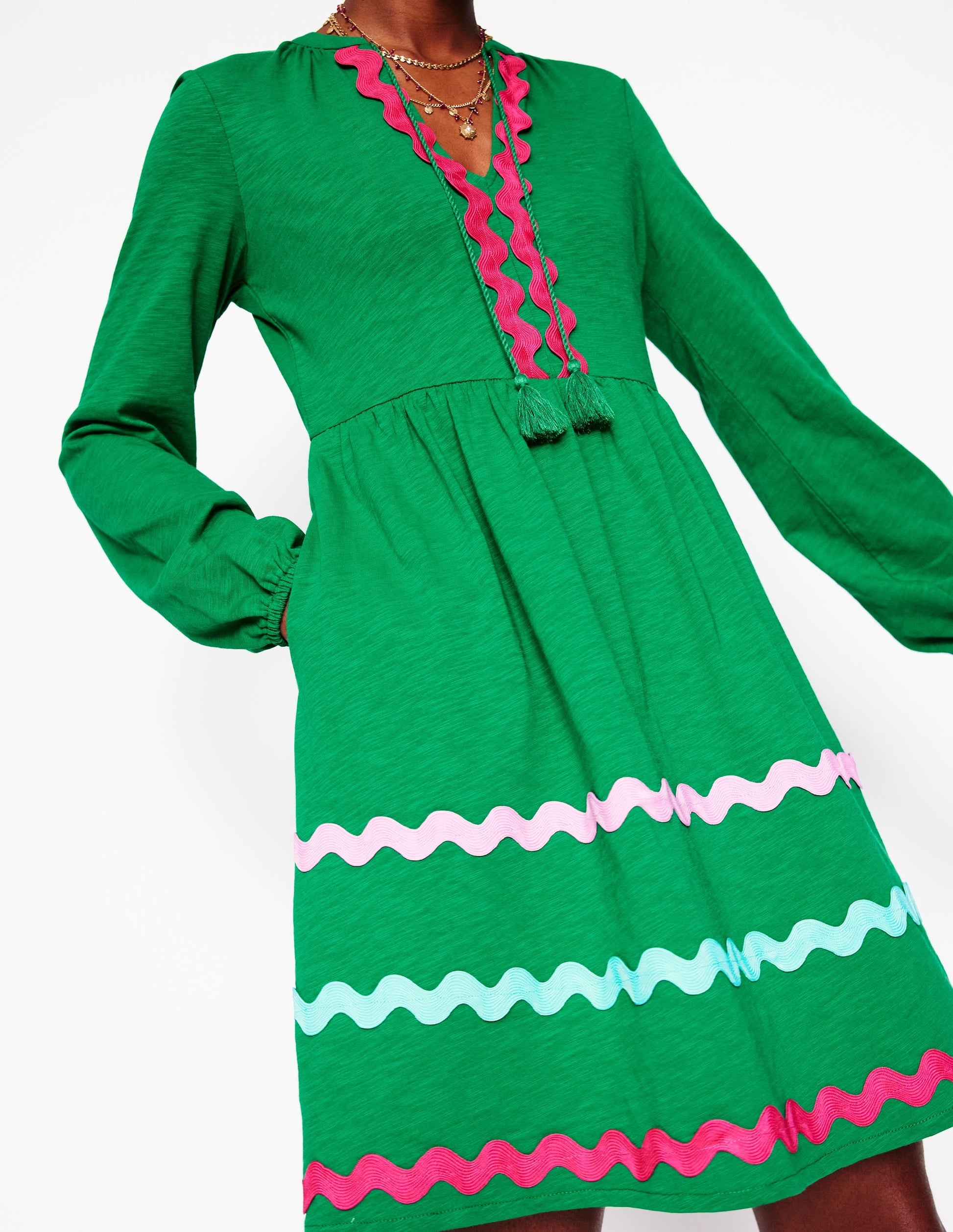 Corinna Ric Rac Jersey Dress-Rich Emerald-2
