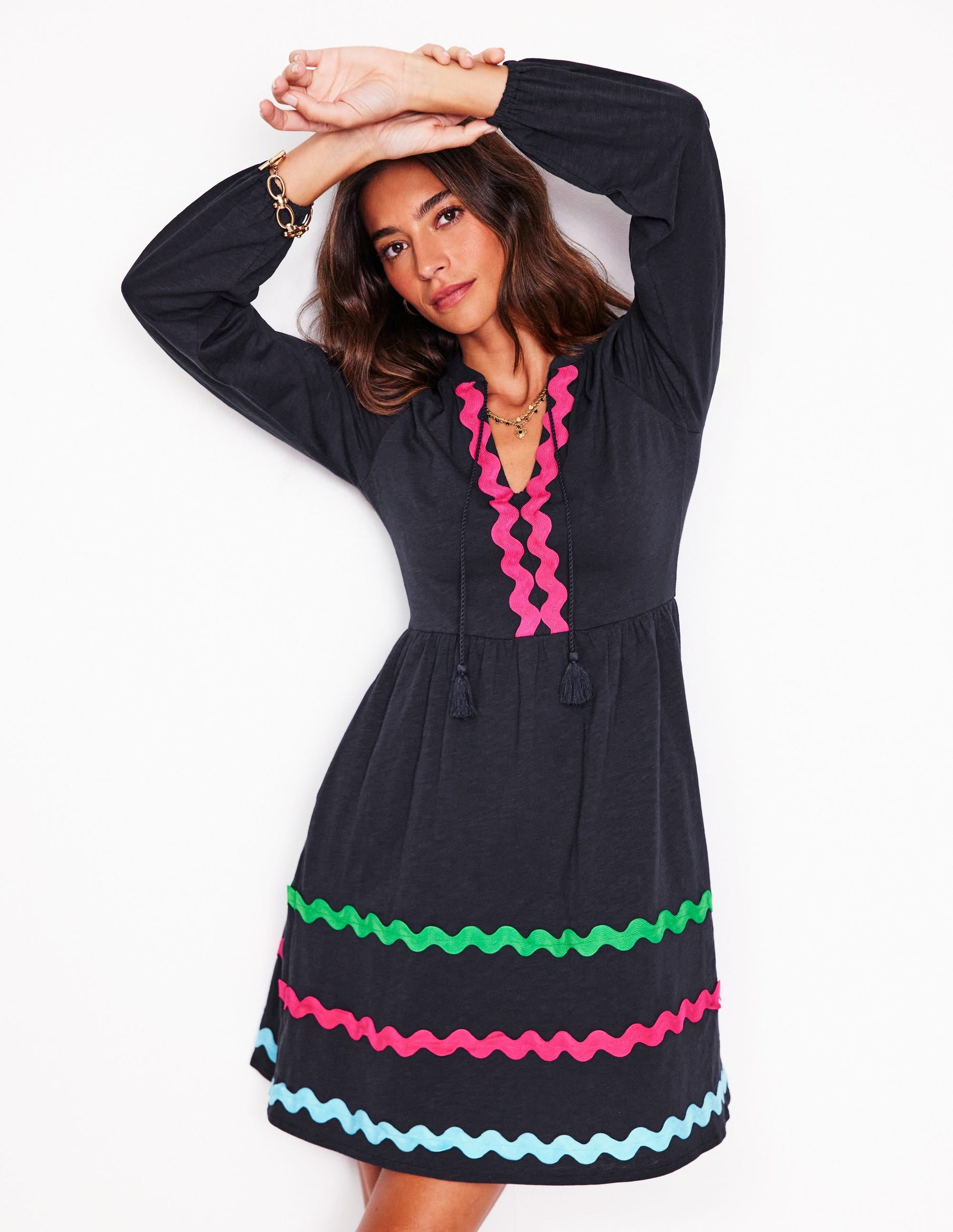 Corinna Ric Rac Jersey Dress-Navy-2