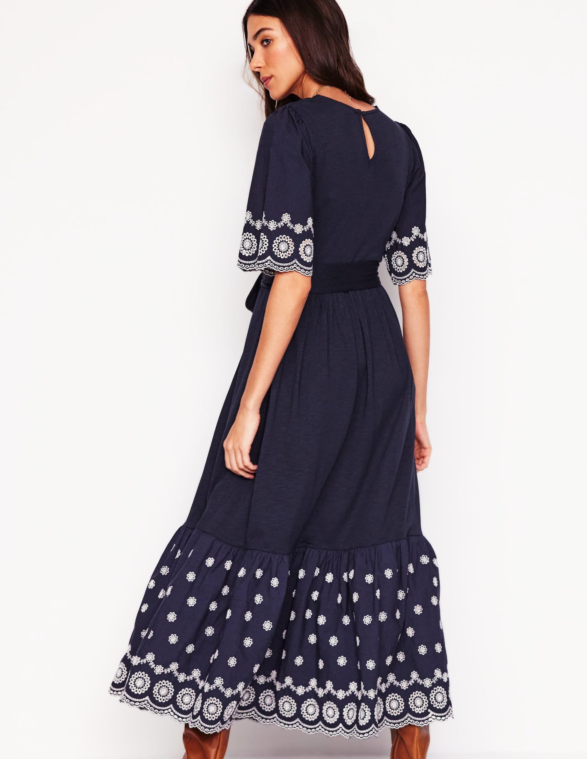 Isabel Broderie Mix maxi Dress-Navy-3