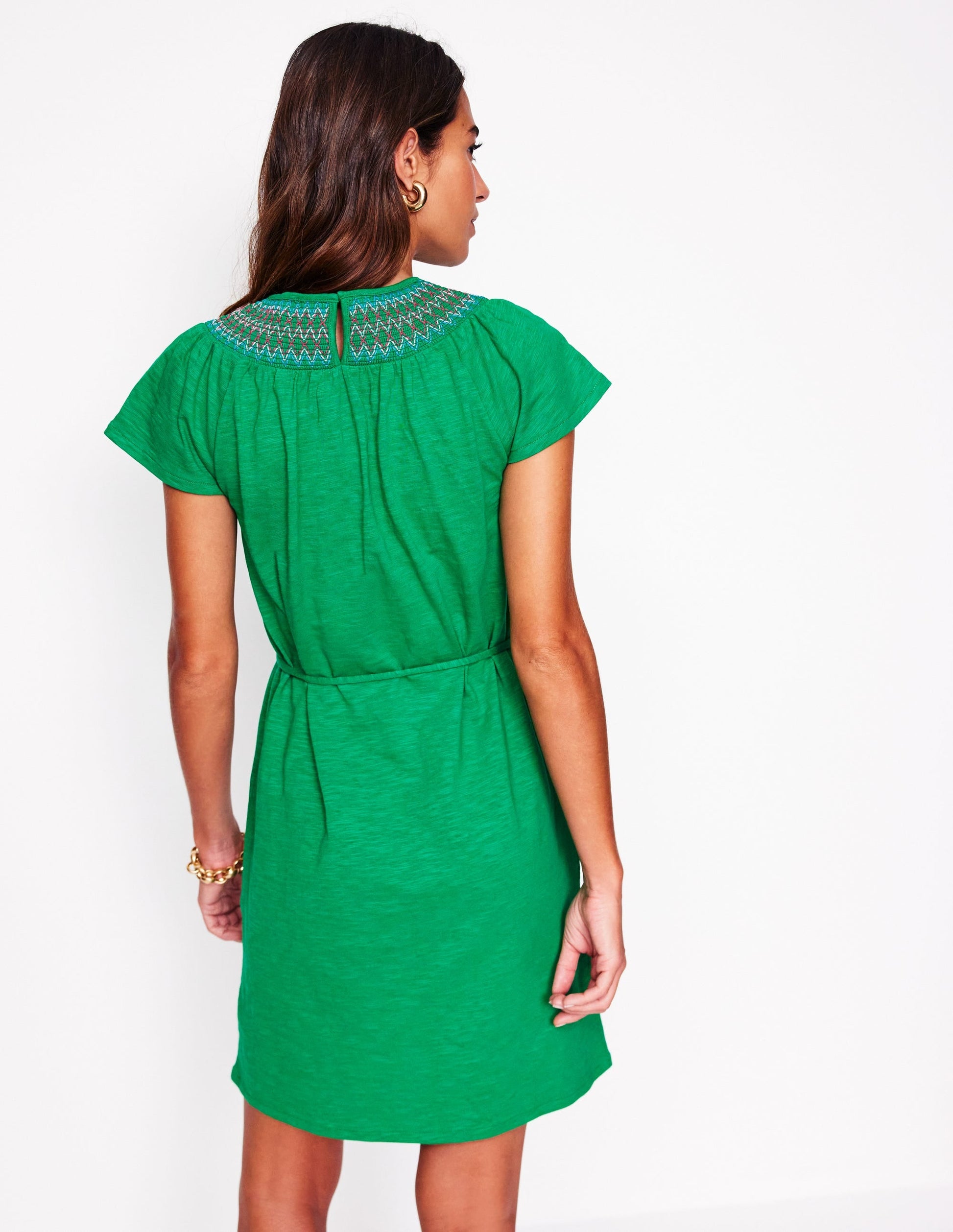 Nina Smocked T-Shirt Dress-Rich Emerald-3