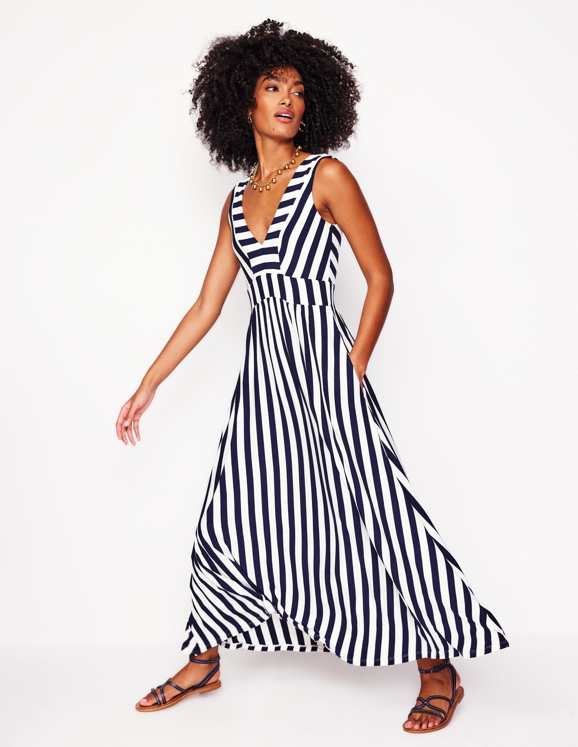 Olympia Jersey Maxi Dress-French Navy, Ivory Stripe-1