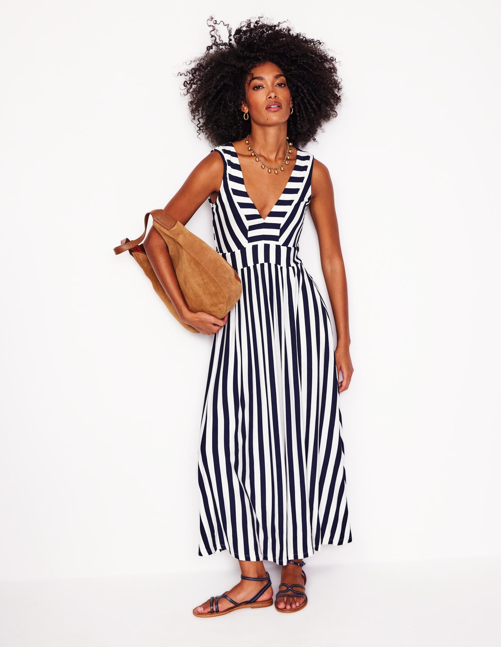 Olympia Jersey Maxi Dress-French Navy, Ivory Stripe-4