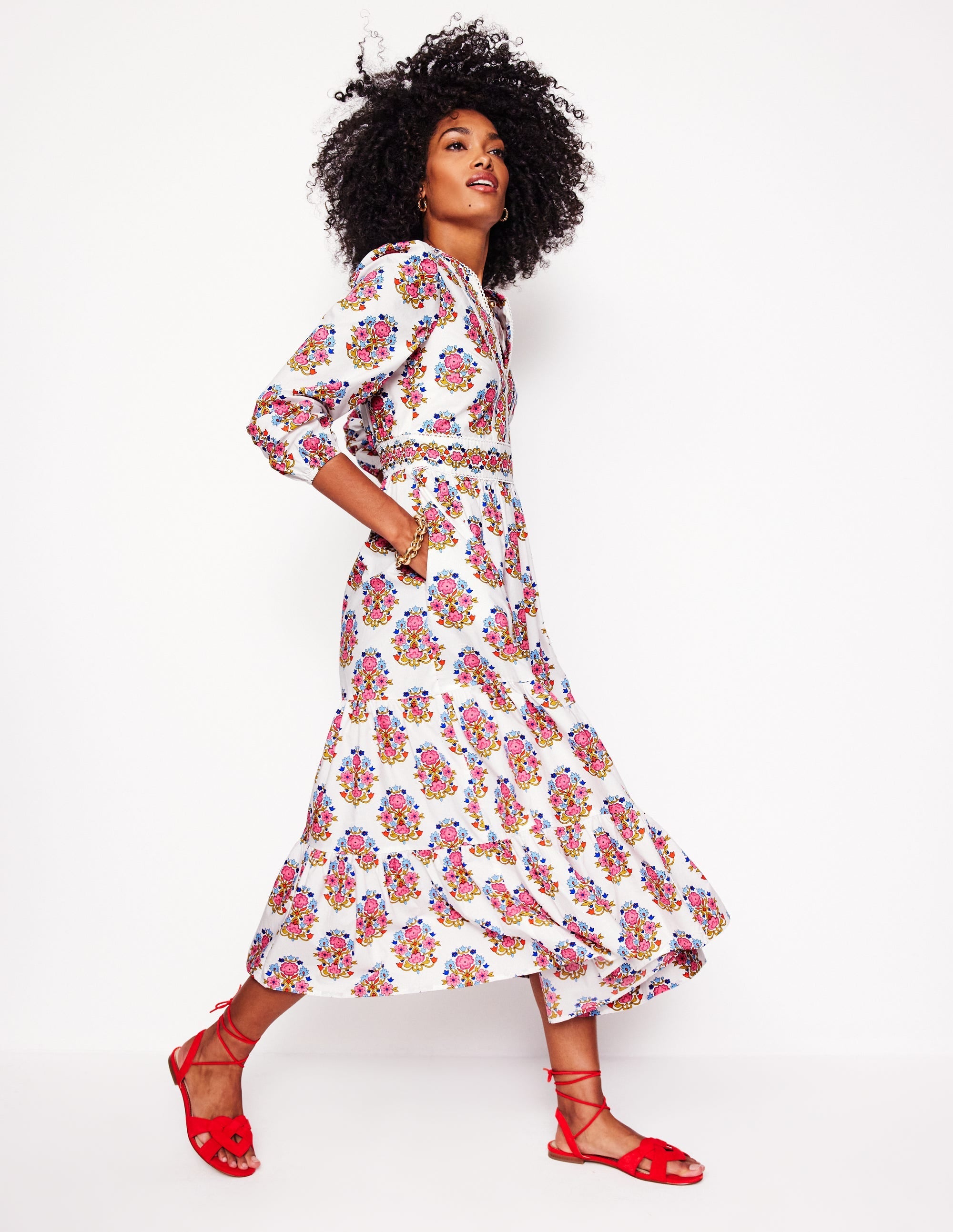 Violet Cotton Midi Dress-Ivory, Wildflower Stamp - Image 1