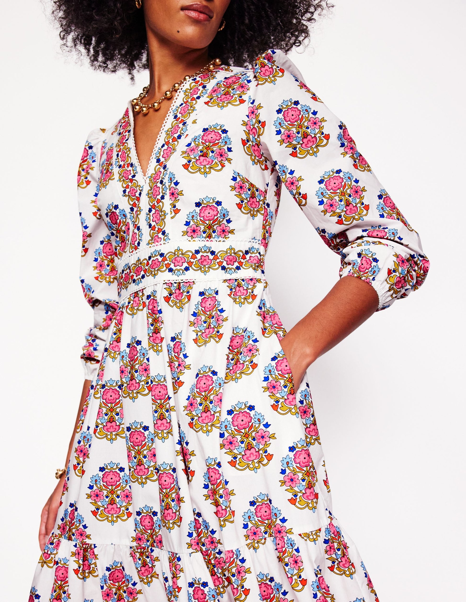 Violet Cotton Midi Dress-Ivory, Wildflower Stamp-2