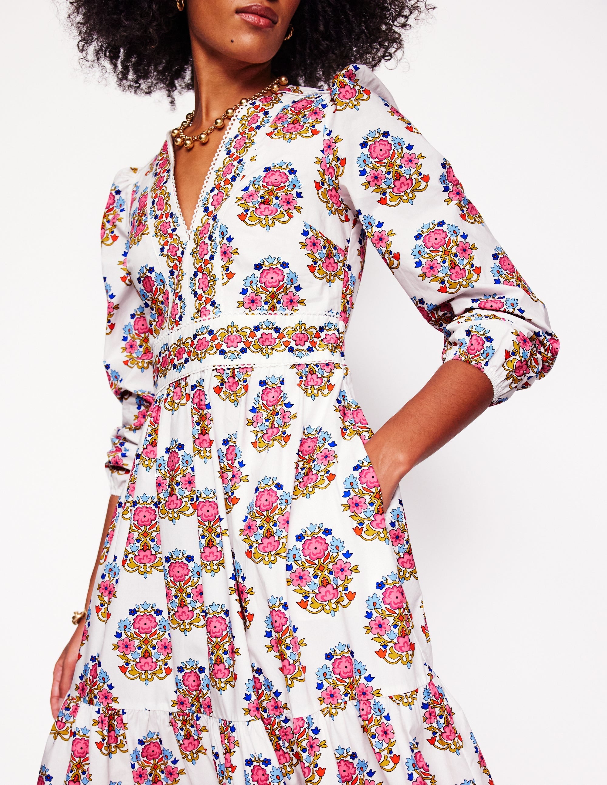 Violet Cotton Midi Dress-Ivory, Wildflower Stamp - Image 2
