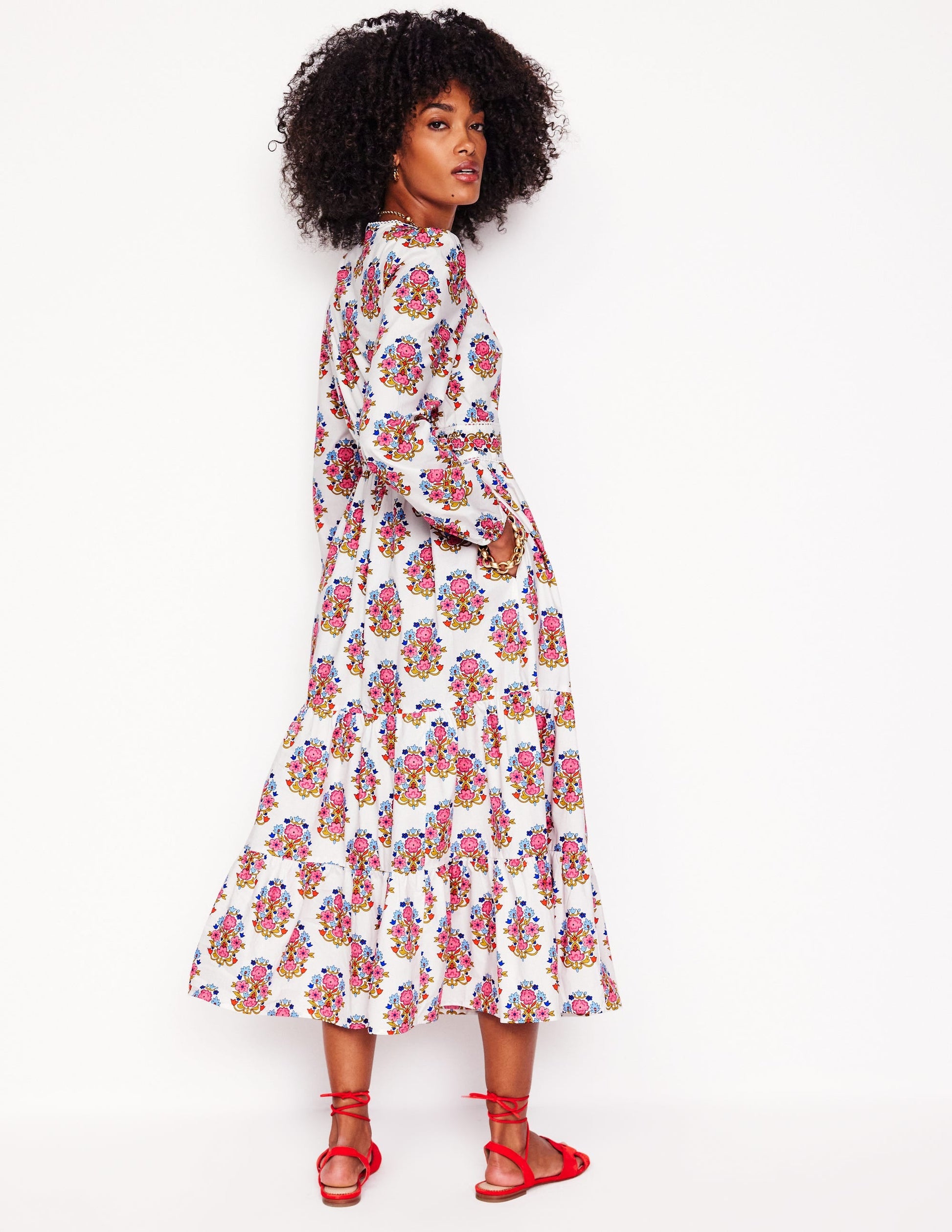Violet Cotton Midi Dress-Ivory, Wildflower Stamp-3