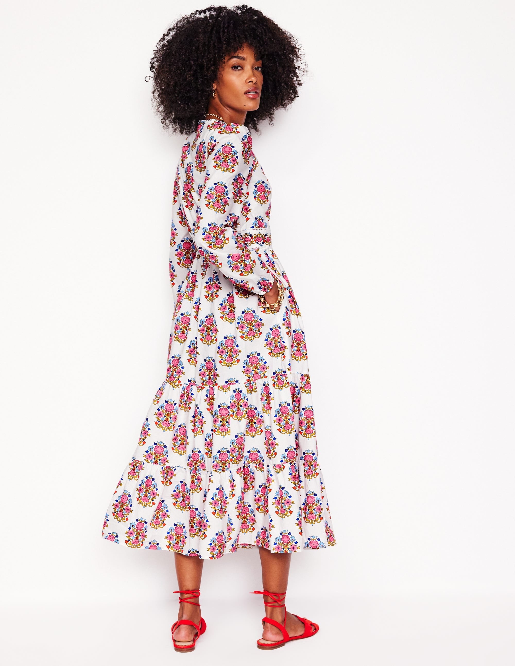 Violet Cotton Midi Dress-Ivory, Wildflower Stamp - Image 3