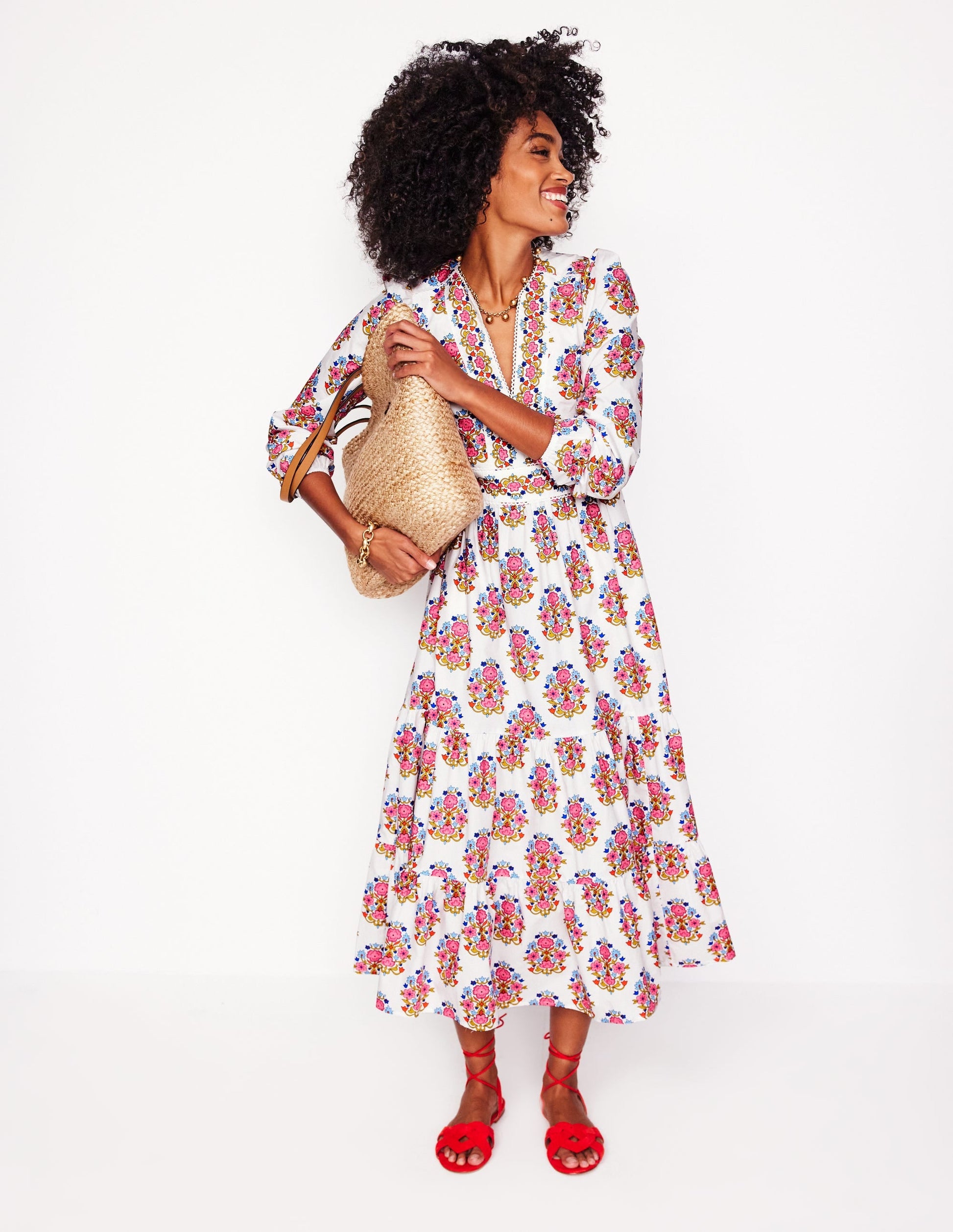 Violet Cotton Midi Dress-Ivory, Wildflower Stamp-4