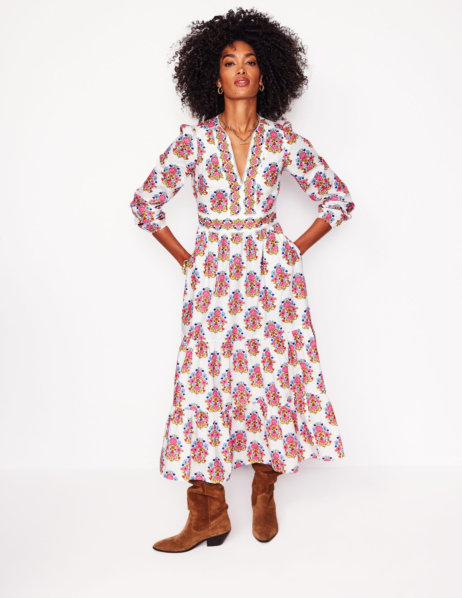Violet Cotton Midi Dress-Ivory, Wildflower Stamp-5