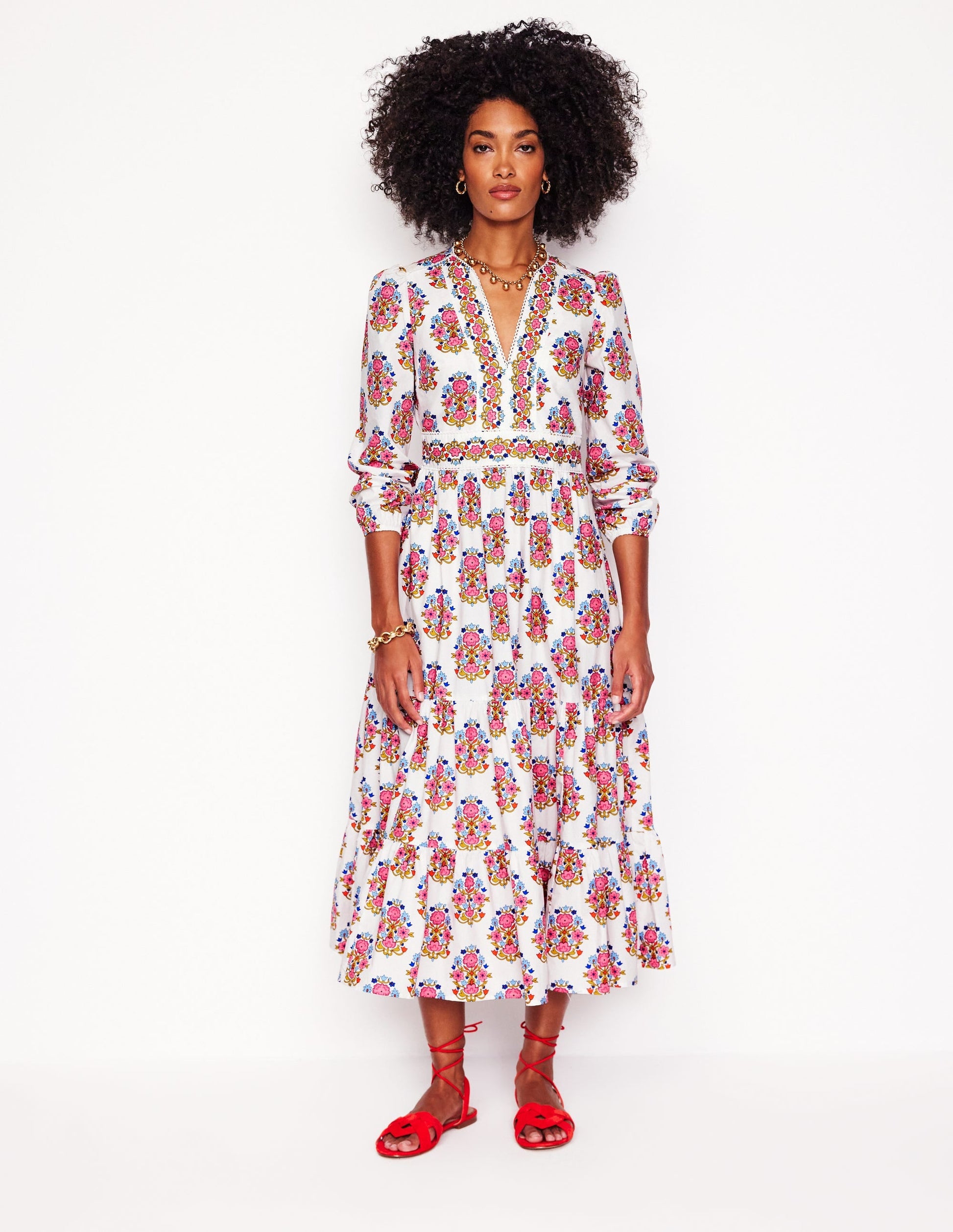 Violet Cotton Midi Dress-Ivory, Wildflower Stamp-6