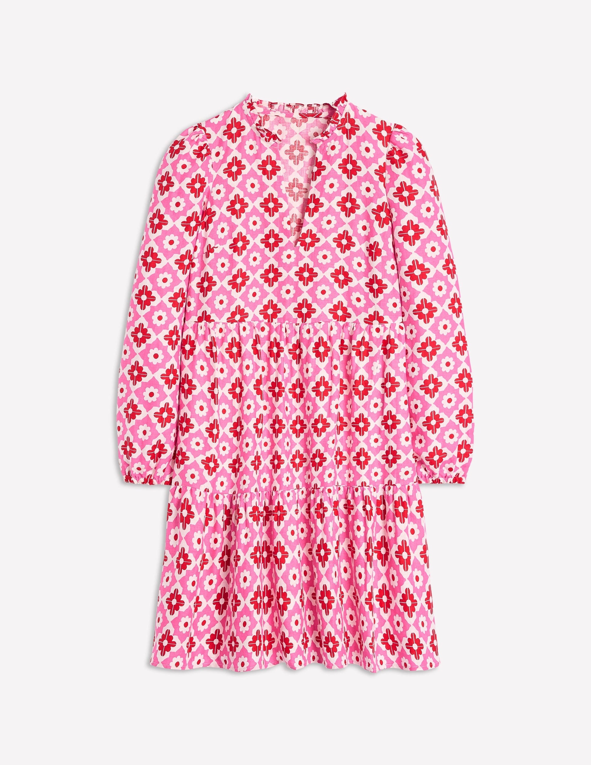 Esme Linen Short Dress-Pink Power, Geometric Stamp-5