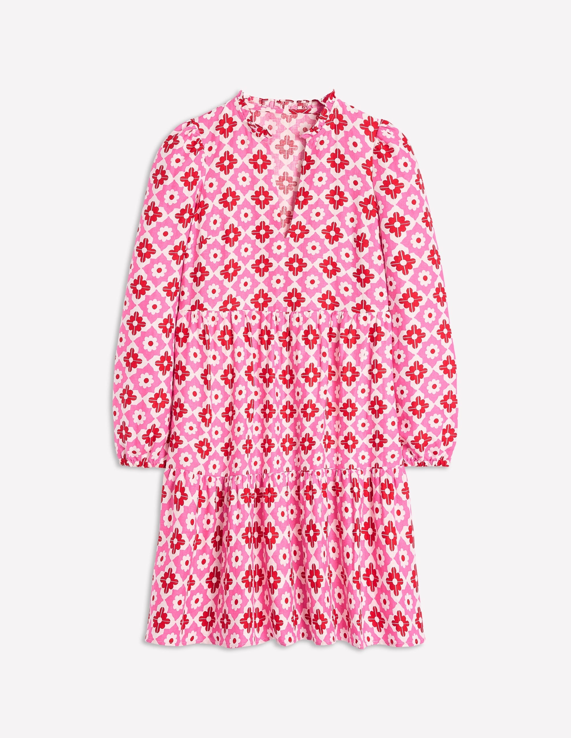 Esme Linen Short Dress-Pink Power, Geometric Stamp - Image 5