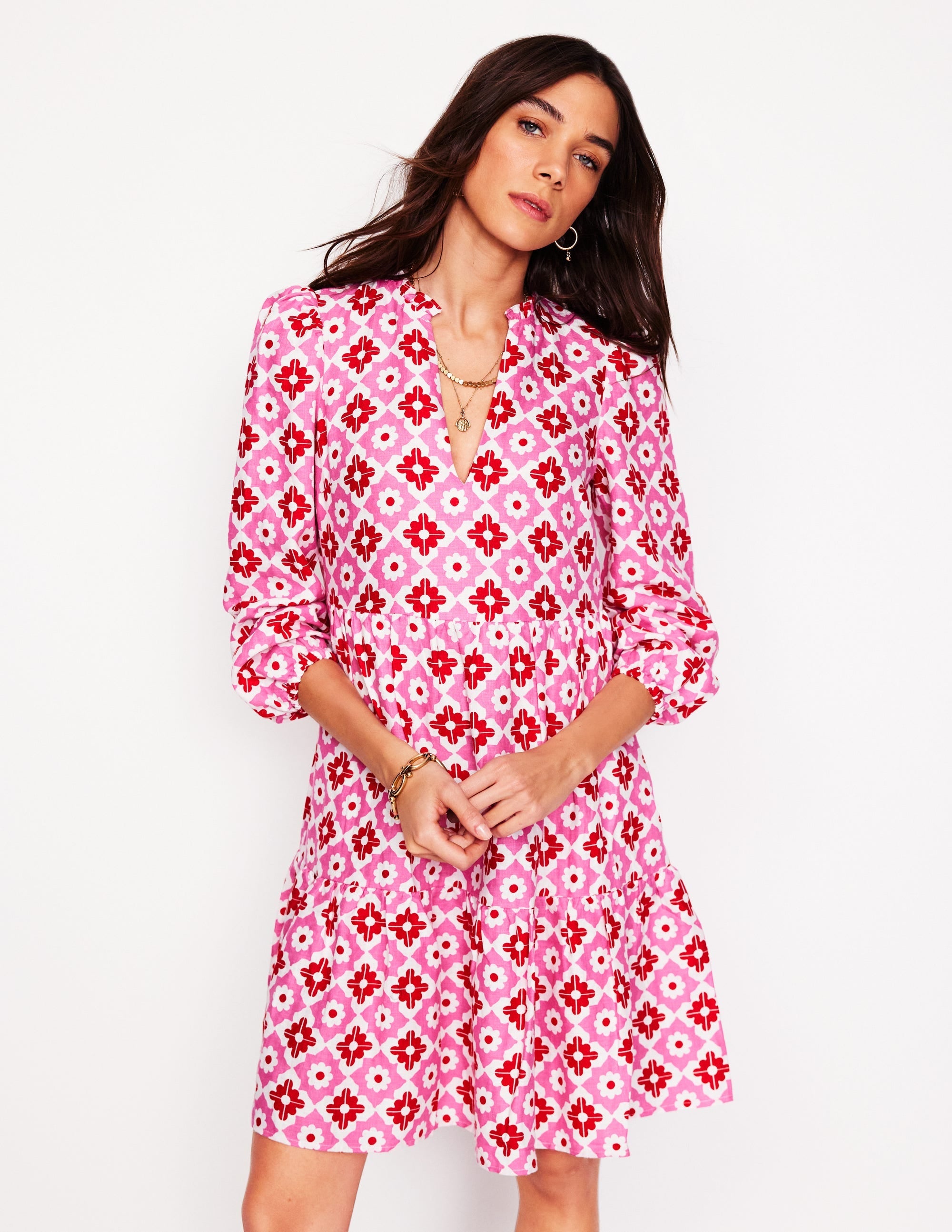 Esme Linen Short Dress-Pink Power, Geometric Stamp - Image 1