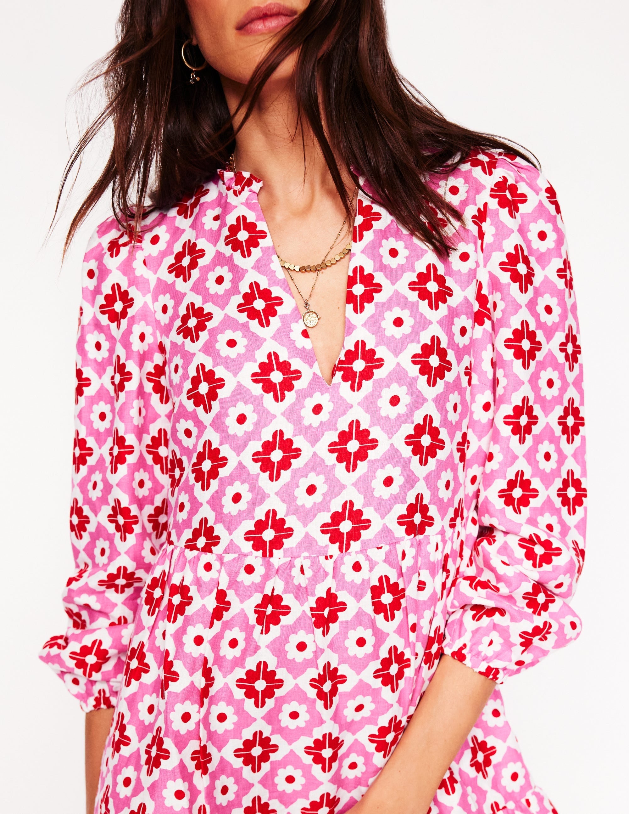 Esme Linen Short Dress-Pink Power, Geometric Stamp - Image 2