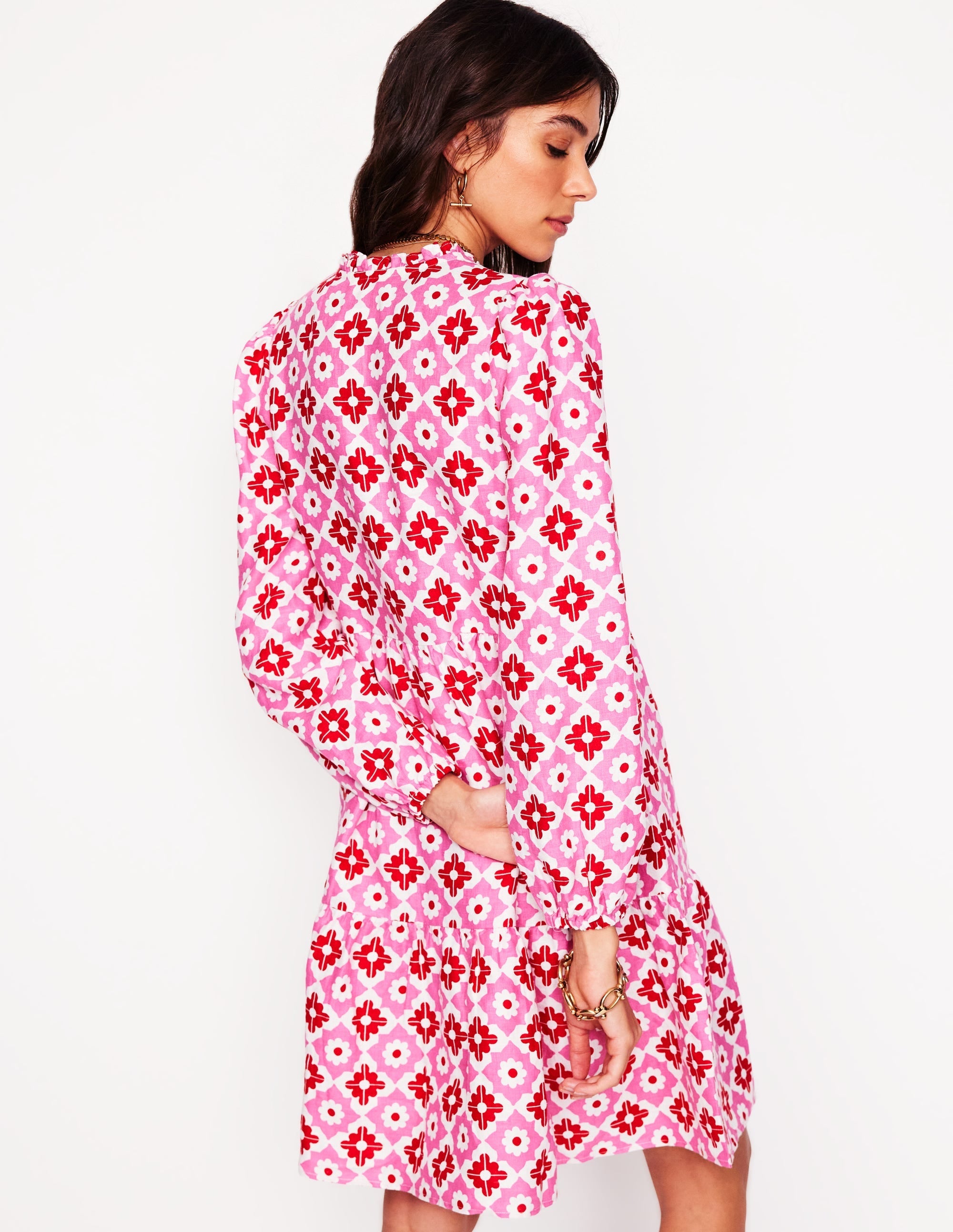 Esme Linen Short Dress-Pink Power, Geometric Stamp - Image 3