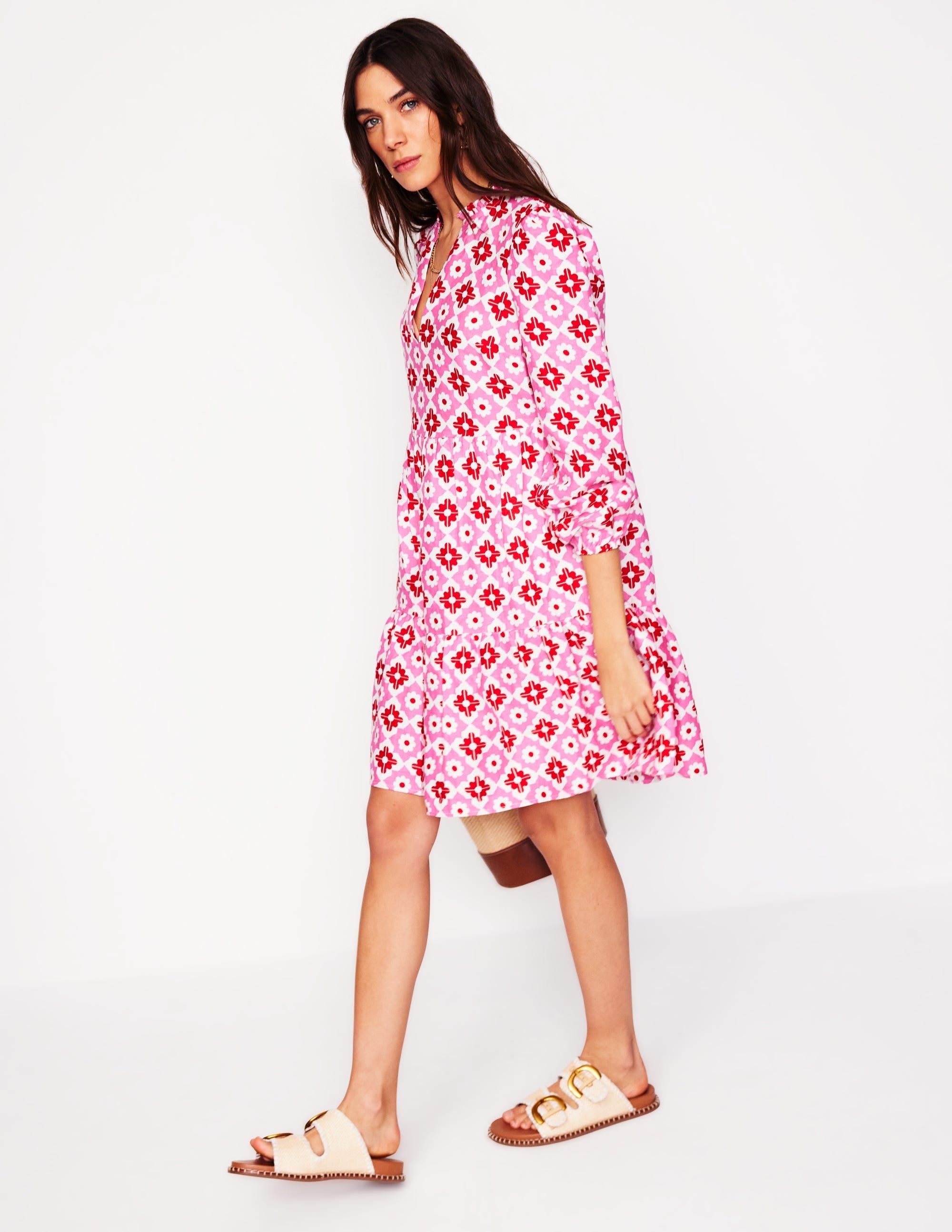 Esme Linen Short Dress-Pink Power, Geometric Stamp - Image 4