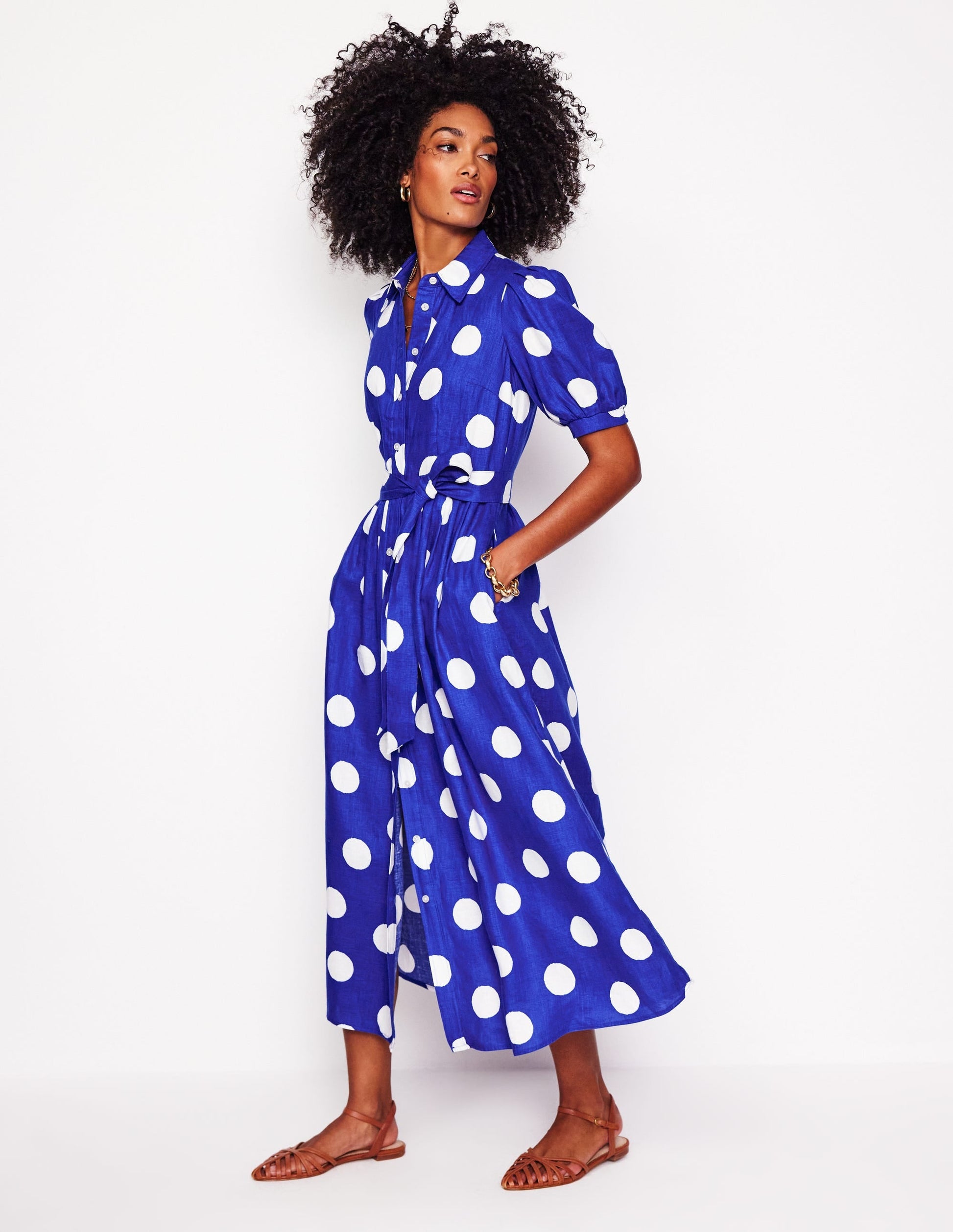 Alexa Linen Maxi Shirt Dress-Bright Blue, Abstract Dot-2