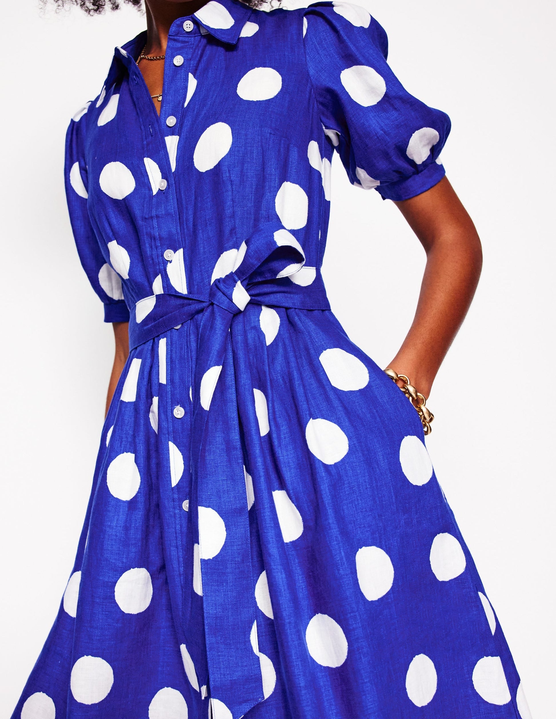Alexa Linen Maxi Shirt Dress-Bright Blue, Abstract Dot-3