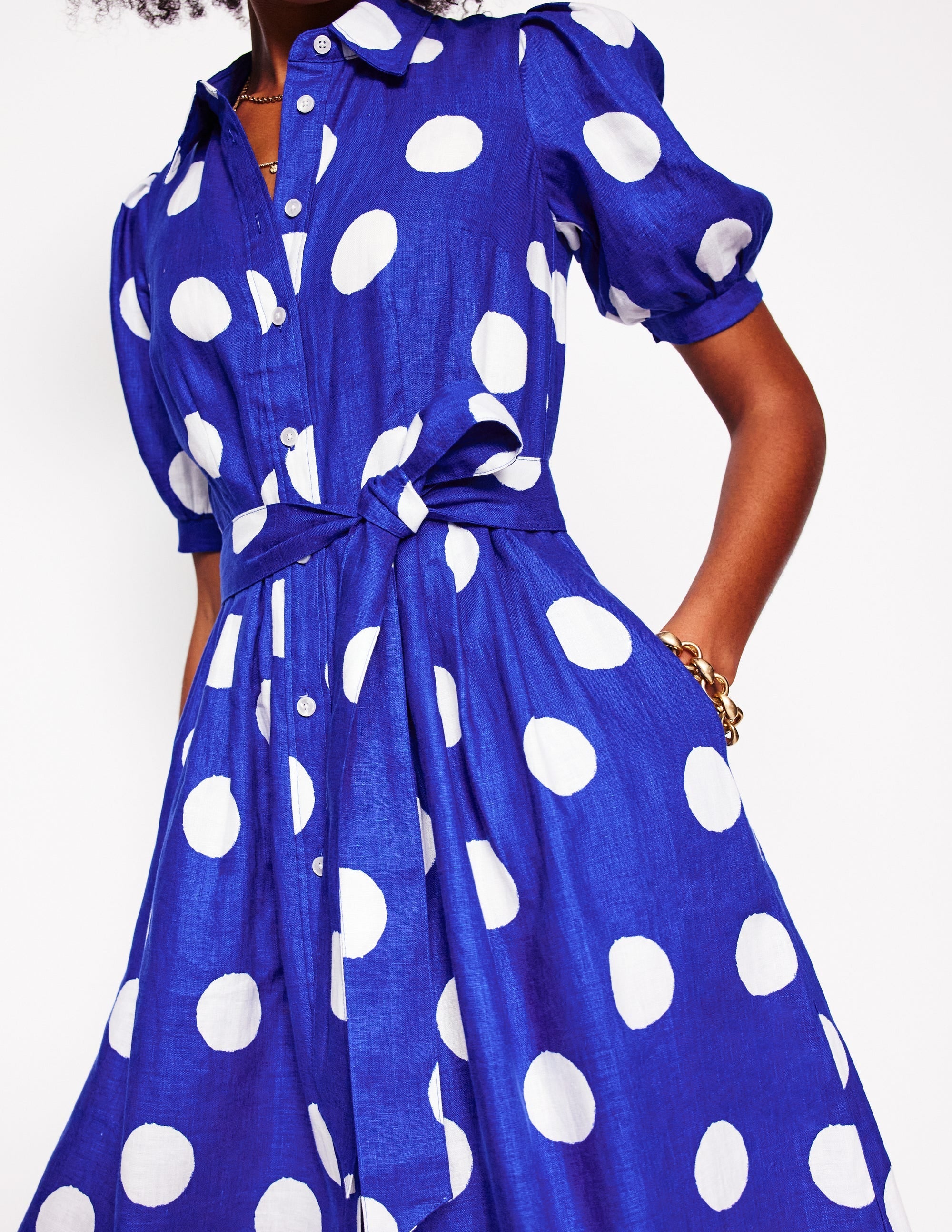 Alexa Linen Maxi Shirt Dress-Bright Blue, Abstract Dot - Image 3