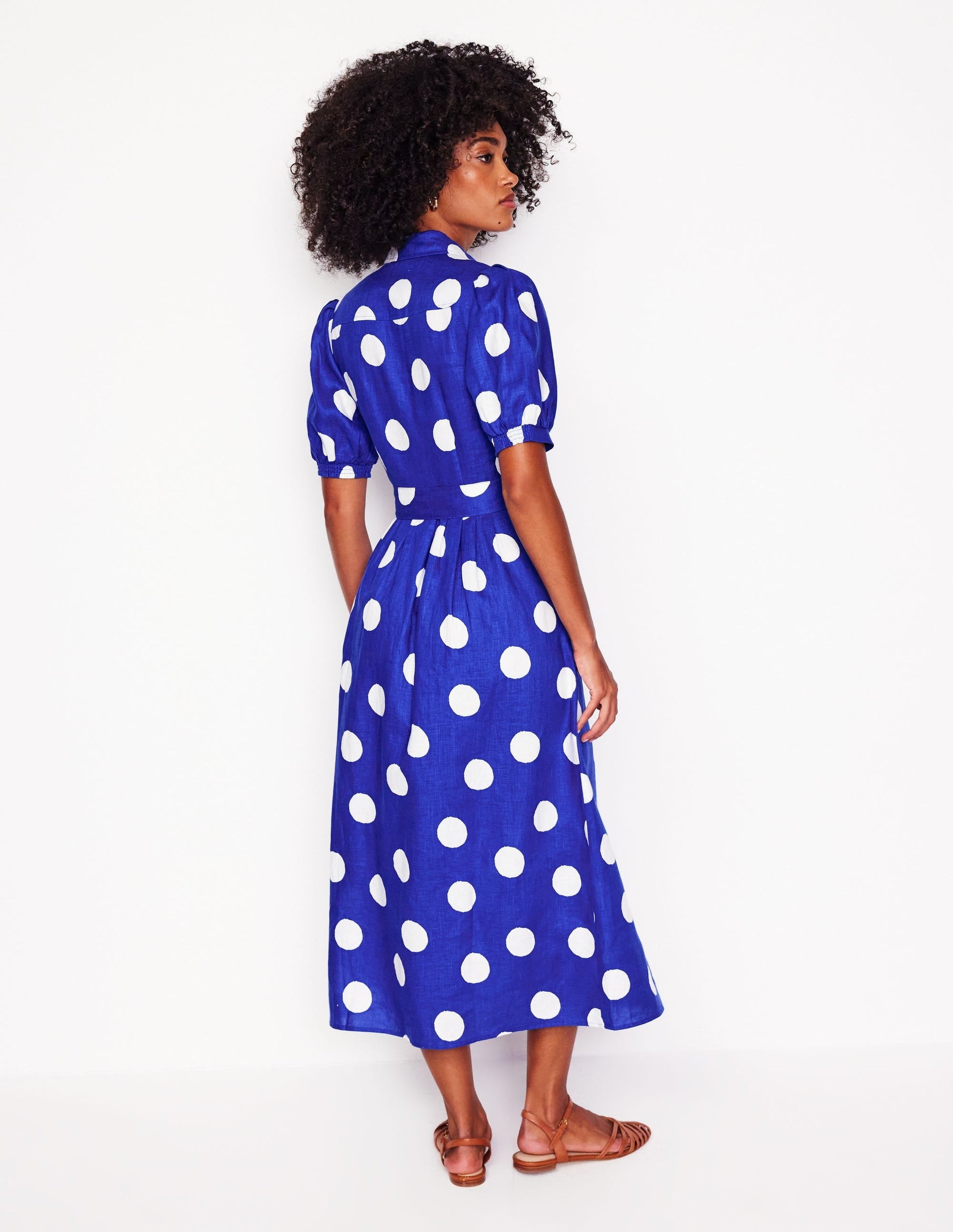 Alexa Linen Maxi Shirt Dress-Bright Blue, Abstract Dot-4