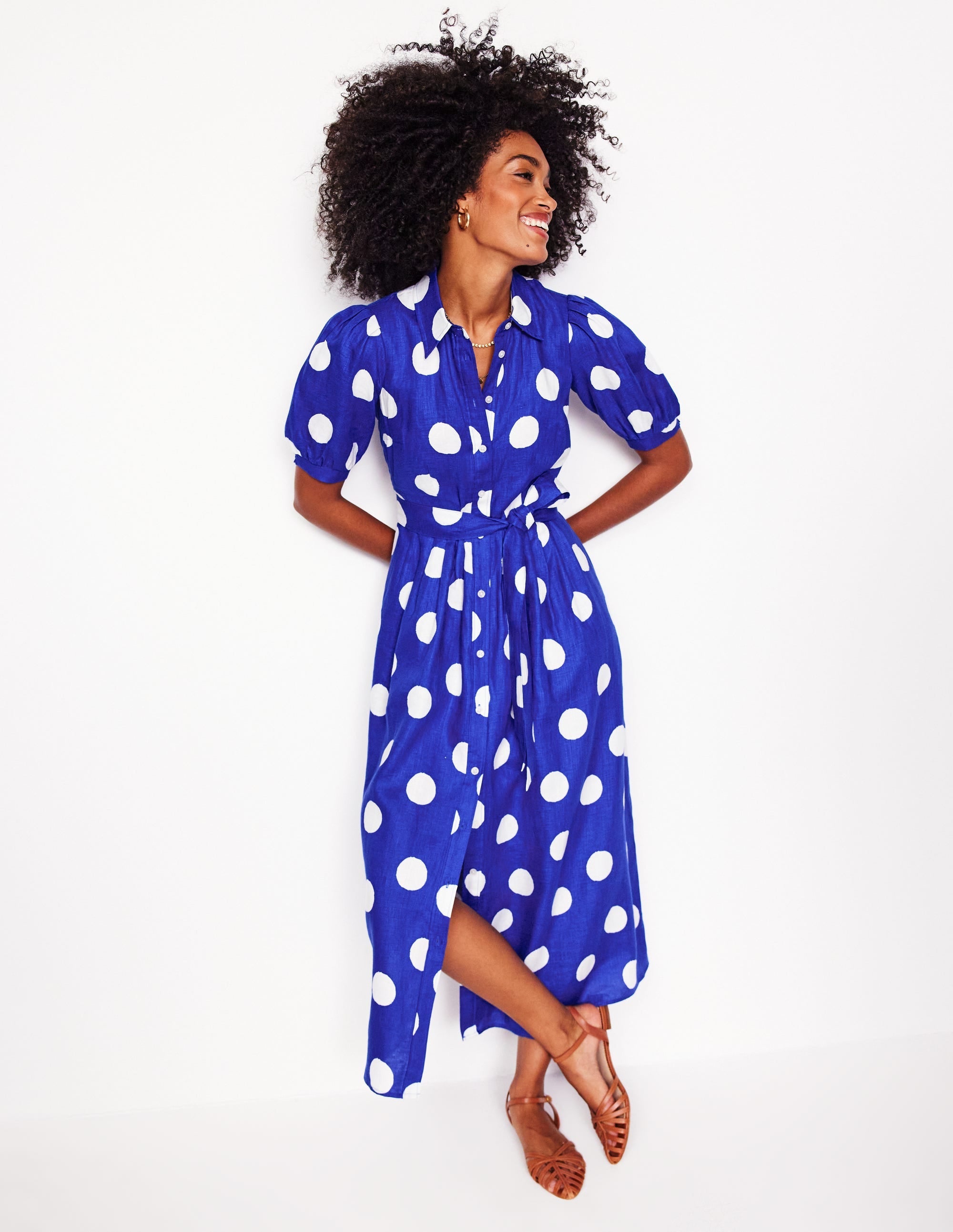 Alexa Linen Maxi Shirt Dress-Bright Blue, Abstract Dot - Image 5