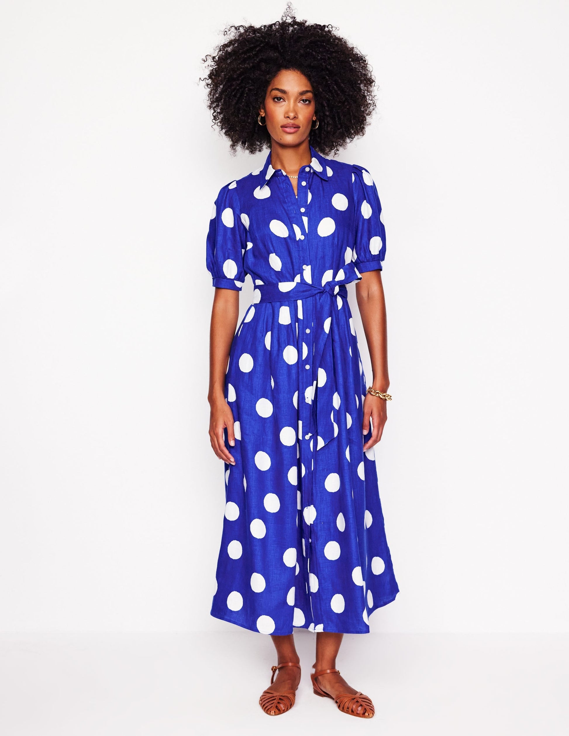Alexa Linen Maxi Shirt Dress-Bright Blue, Abstract Dot-7