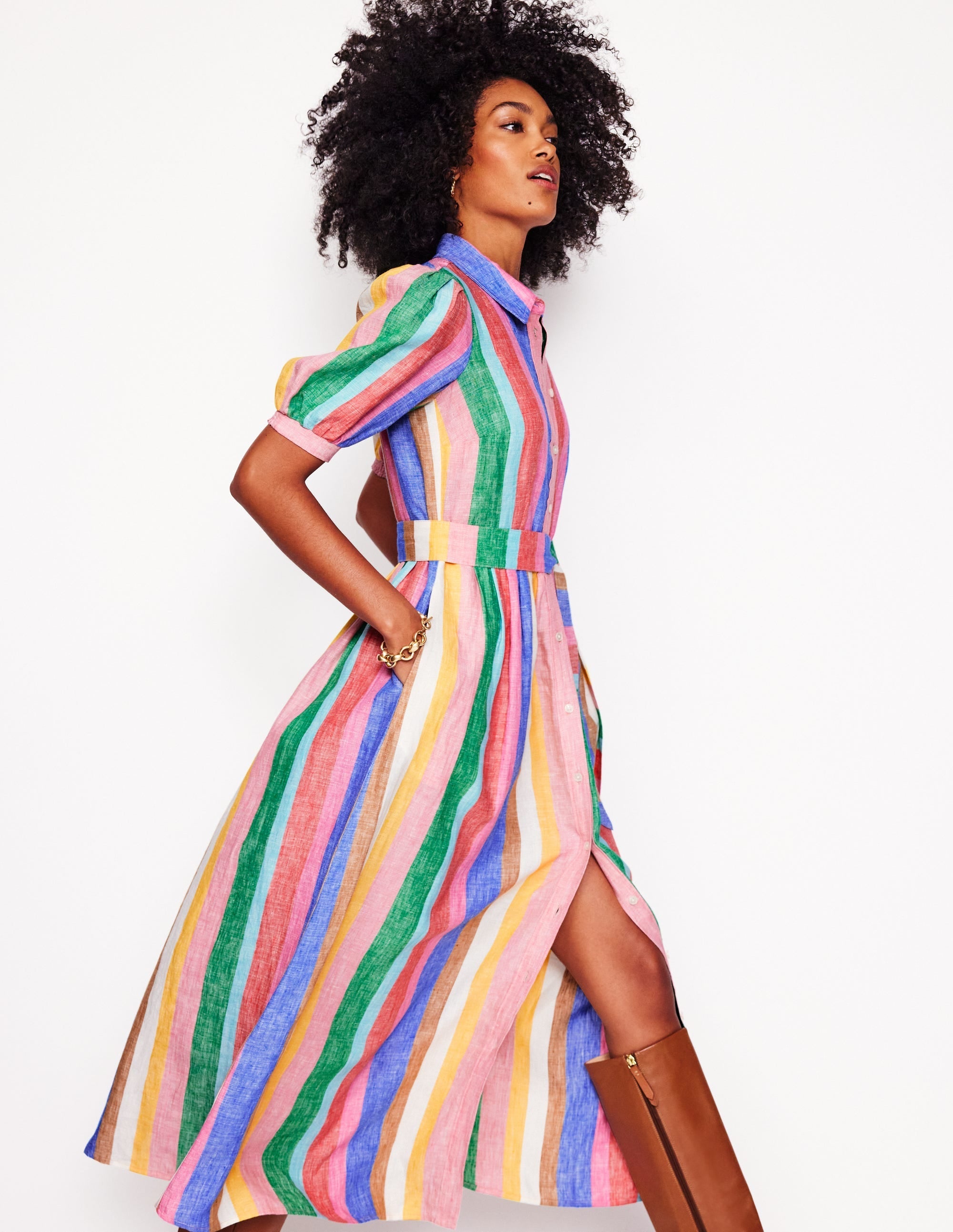 Alexa Linen Maxi Shirt Dress-Rich Emerald and Pink Rainbow - Image 2