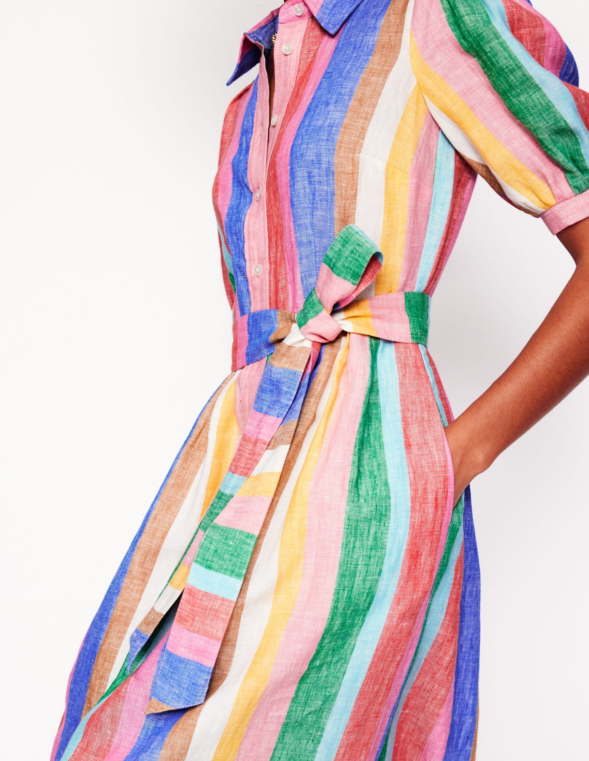 Alexa Linen Maxi Shirt Dress-Rich Emerald and Pink Rainbow-3