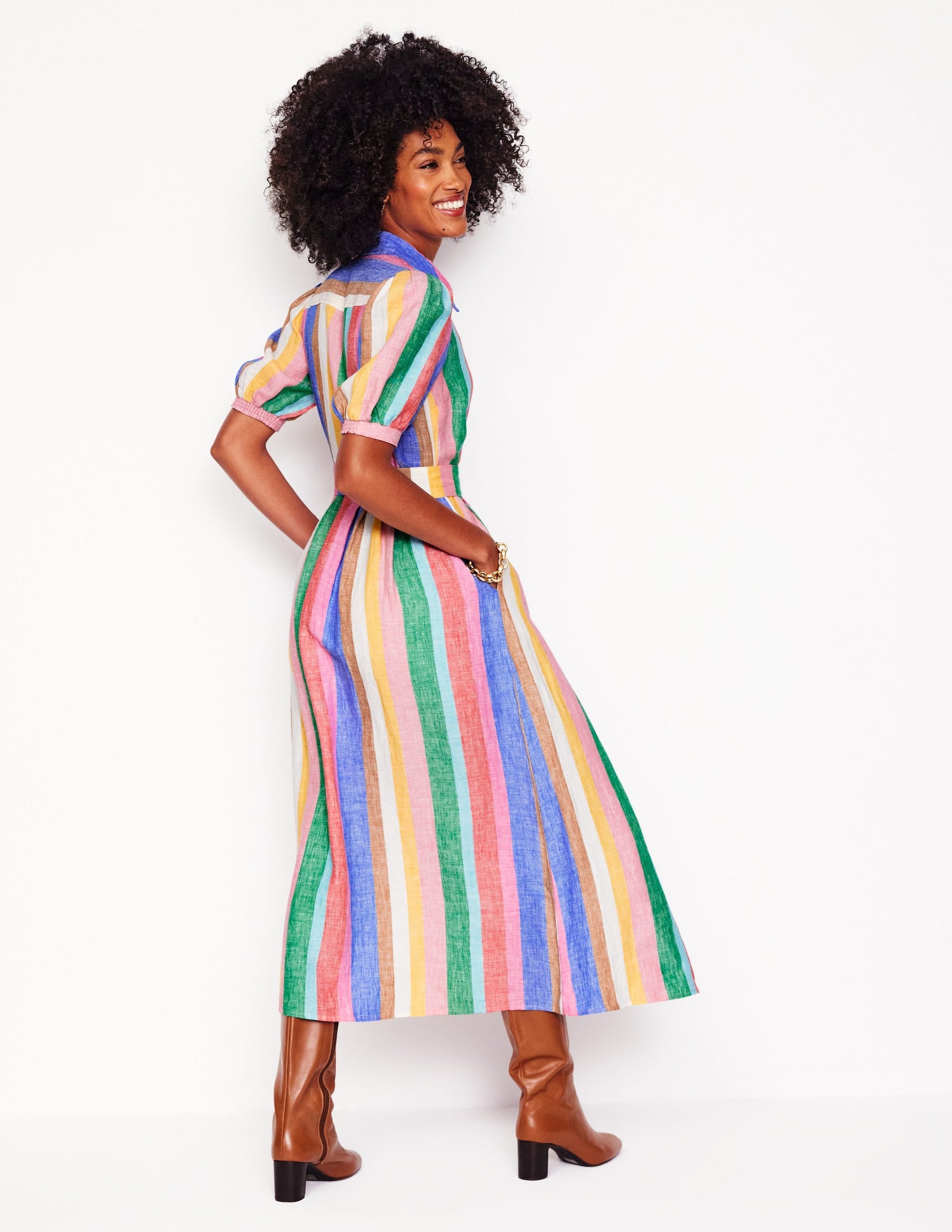 Alexa Linen Maxi Shirt Dress-Rich Emerald and Pink Rainbow-4