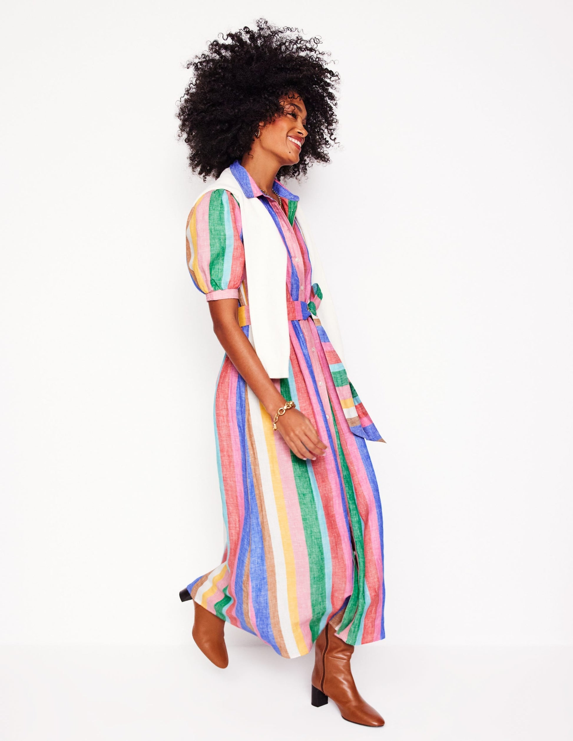 Alexa Linen Maxi Shirt Dress-Rich Emerald and Pink Rainbow-5
