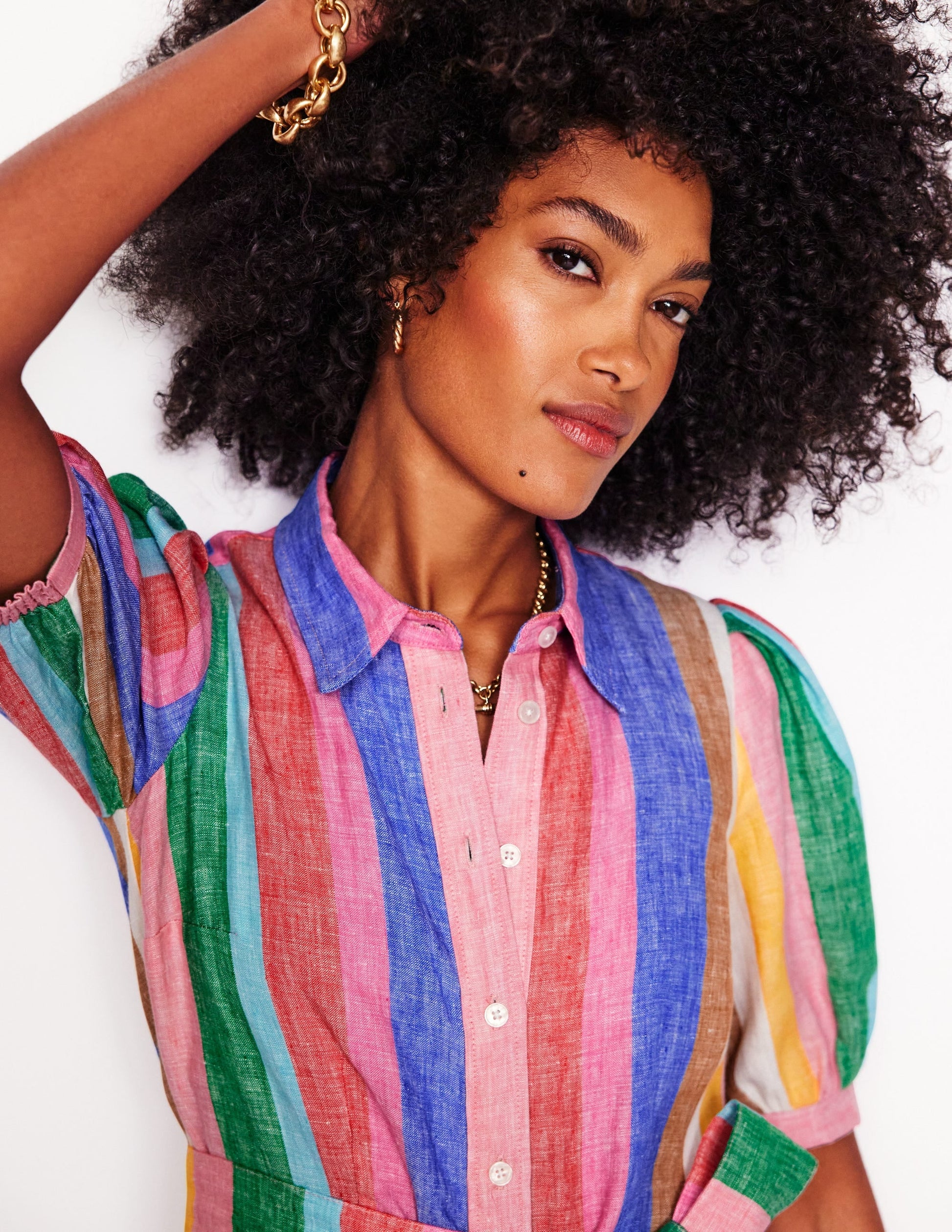 Alexa Linen Maxi Shirt Dress-Rich Emerald and Pink Rainbow-6