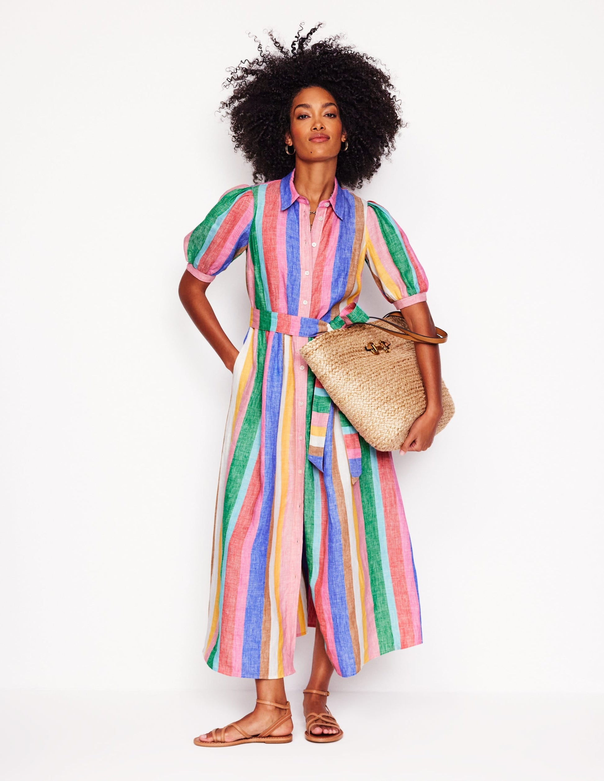 Alexa Linen Maxi Shirt Dress-Rich Emerald and Pink Rainbow-7