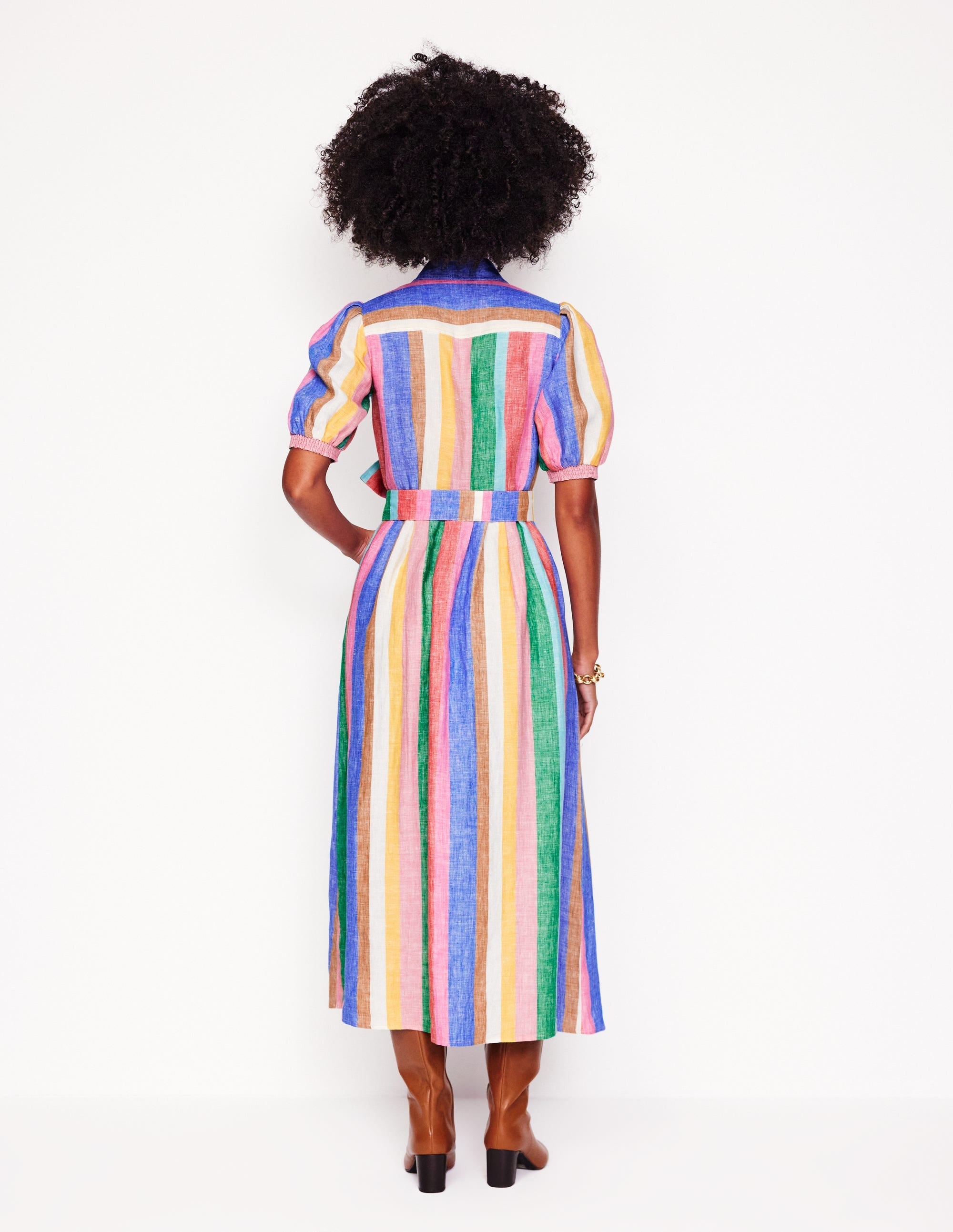 Alexa Linen Maxi Shirt Dress-Rich Emerald and Pink Rainbow - Image 8