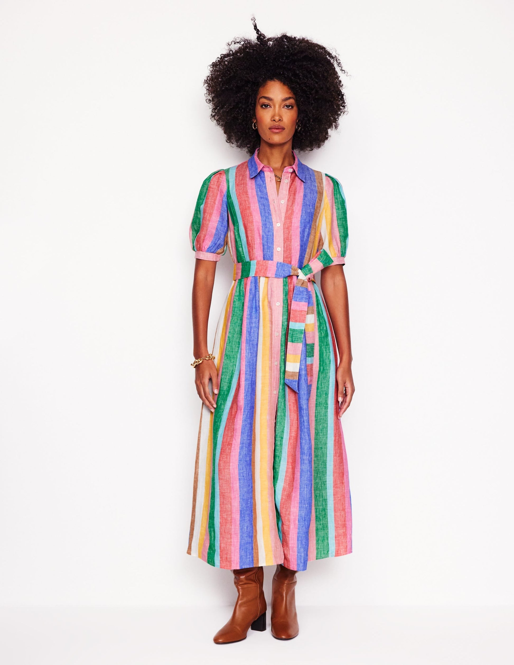 Alexa Linen Maxi Shirt Dress-Rich Emerald and Pink Rainbow-9