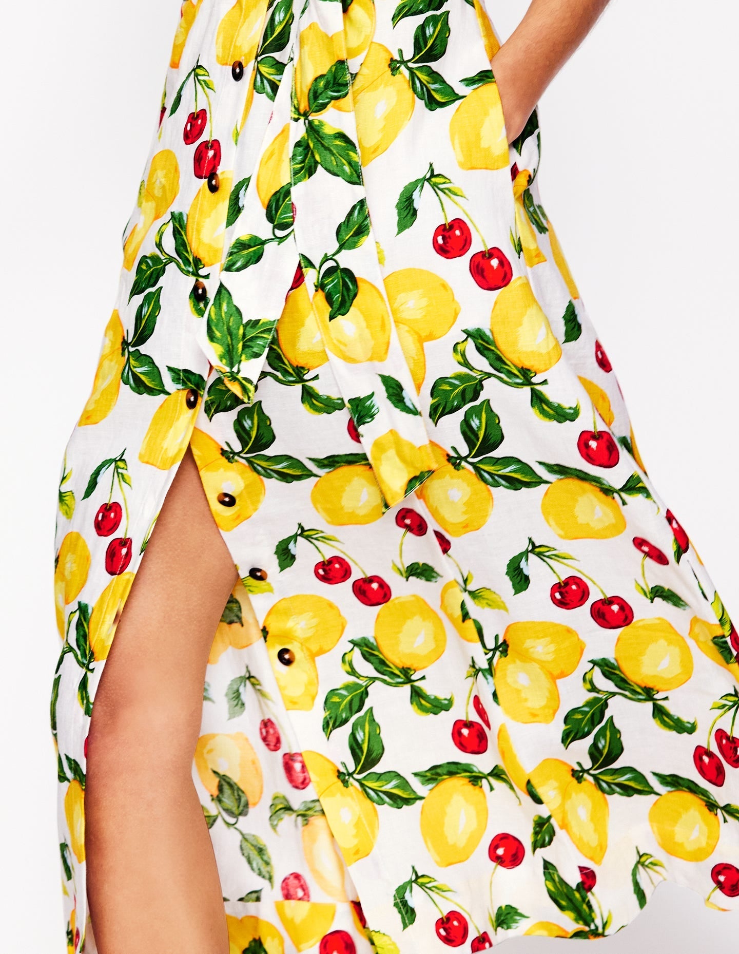 Square Neck Linen Midi Dress-Ivory, Cherries and Lemons-3