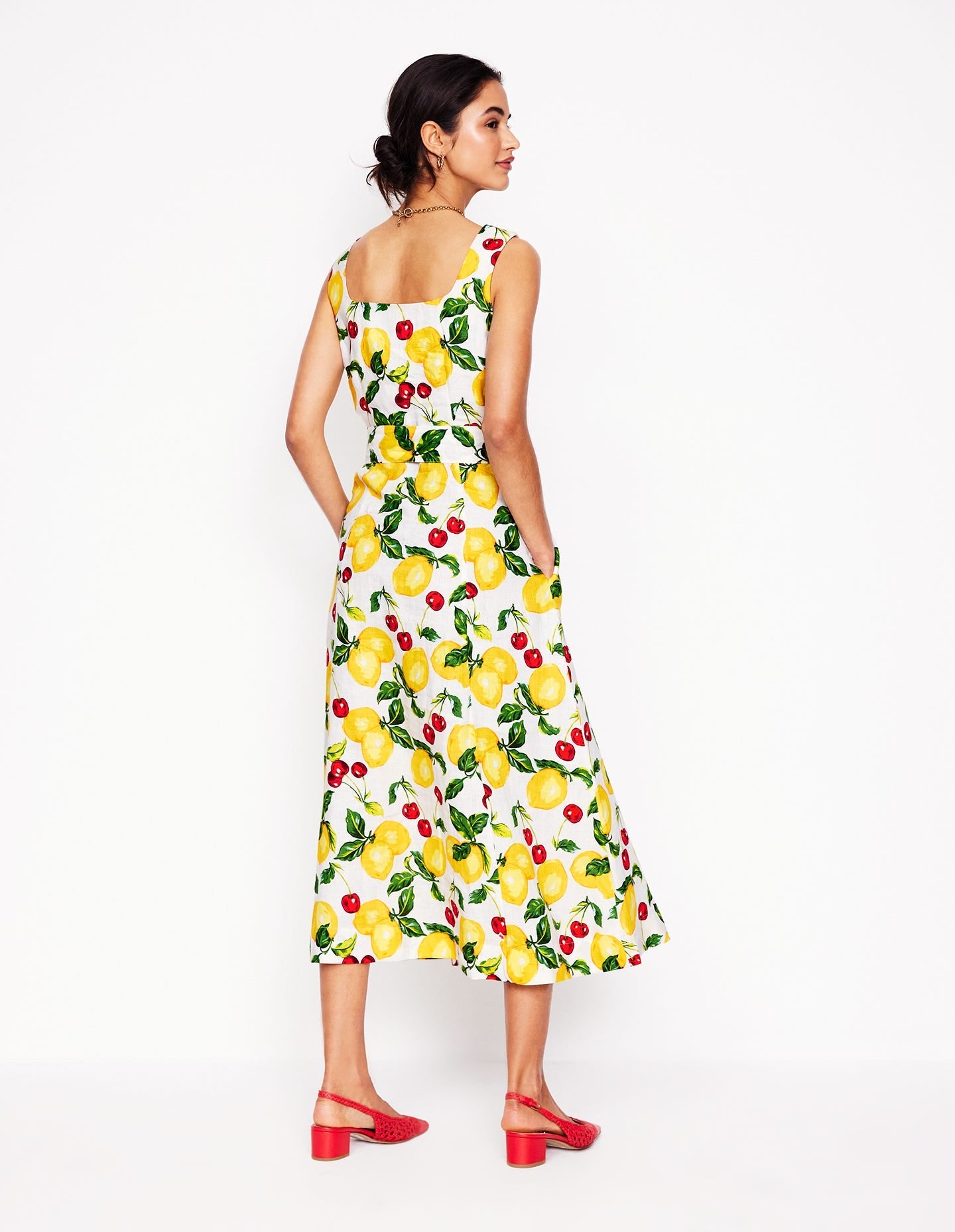 Square Neck Linen Midi Dress-Ivory, Cherries and Lemons - Image 4