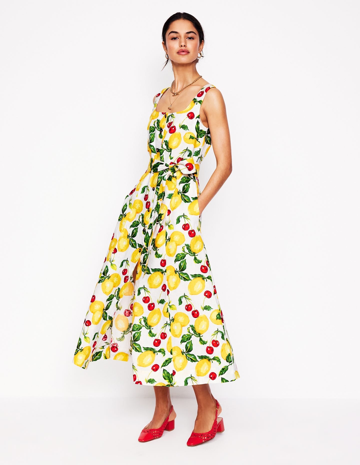 Square Neck Linen Midi Dress-Ivory, Cherries and Lemons-5
