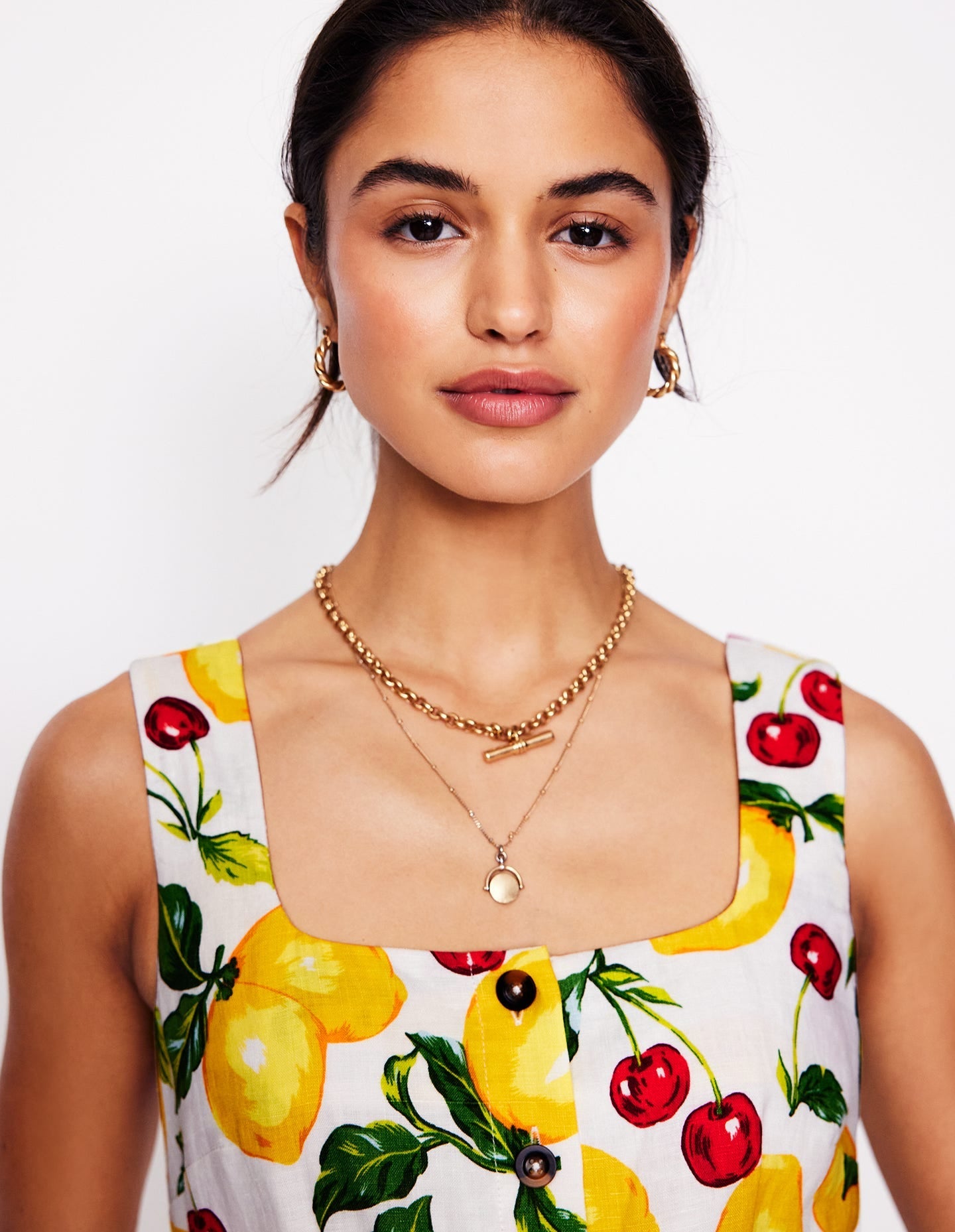 Square Neck Linen Midi Dress-Ivory, Cherries and Lemons - Image 6