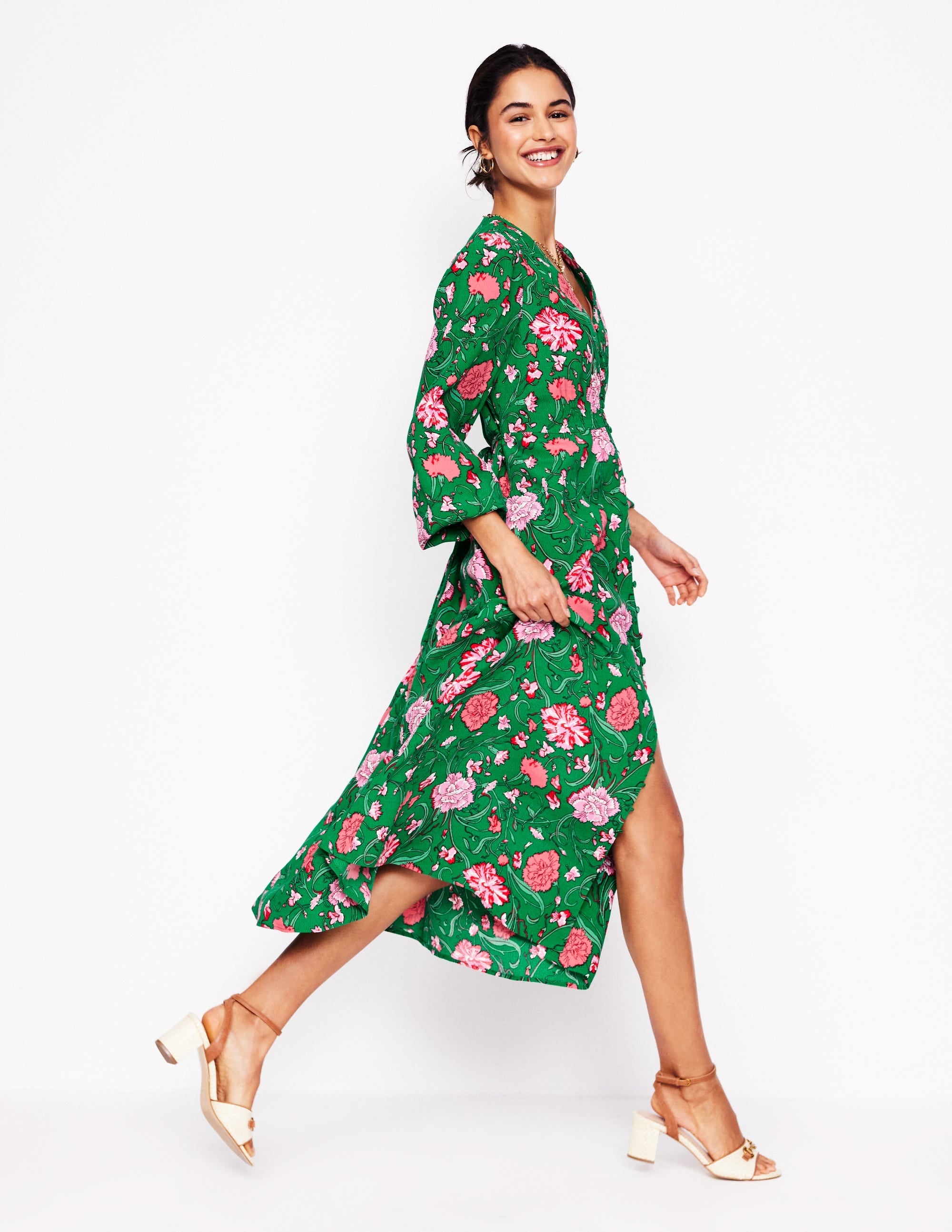Cynthia Button Tea Dress-Rich Emerald, Carnation Vine - Image 1