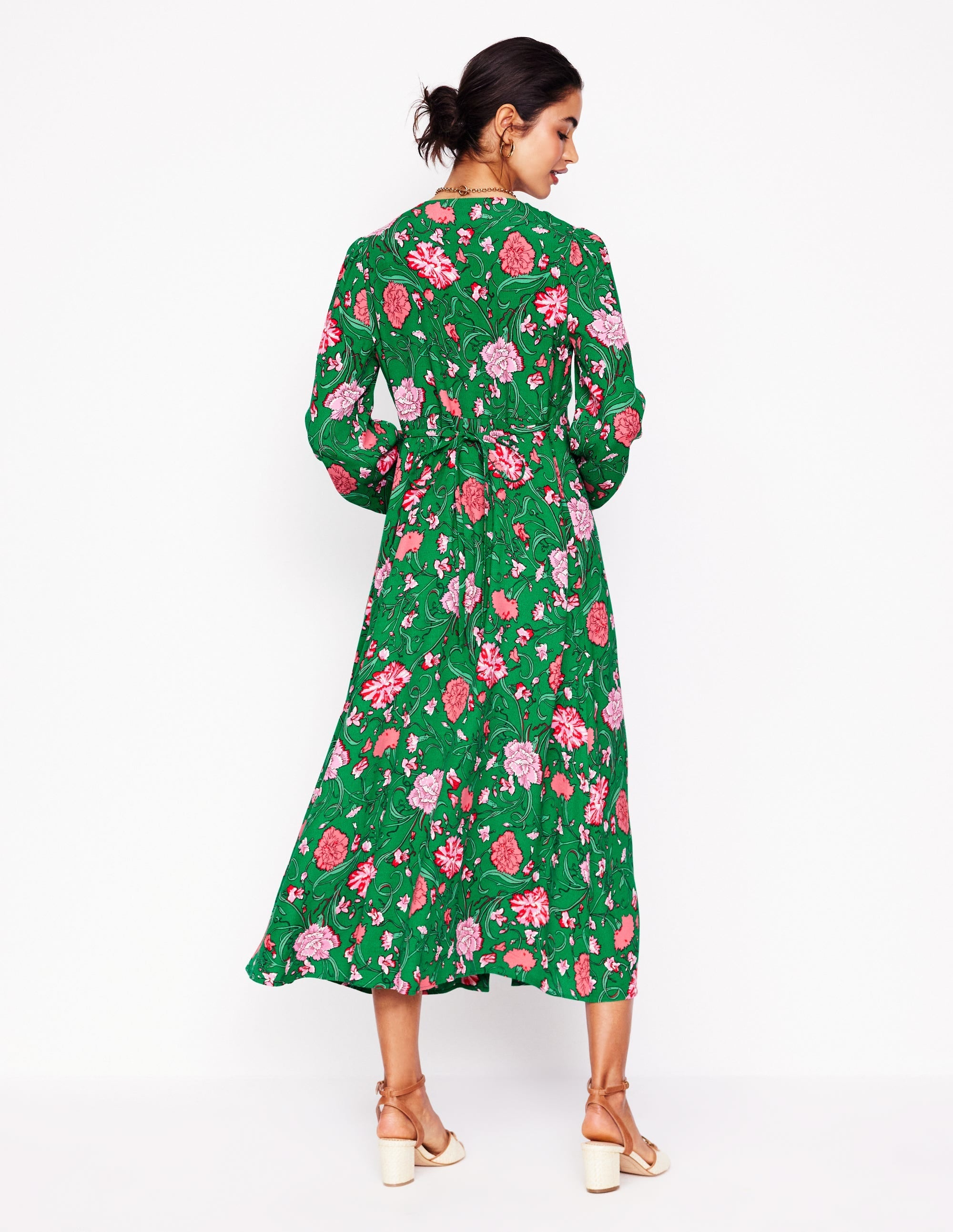 Cynthia Button Tea Dress-Rich Emerald, Carnation Vine - Image 3