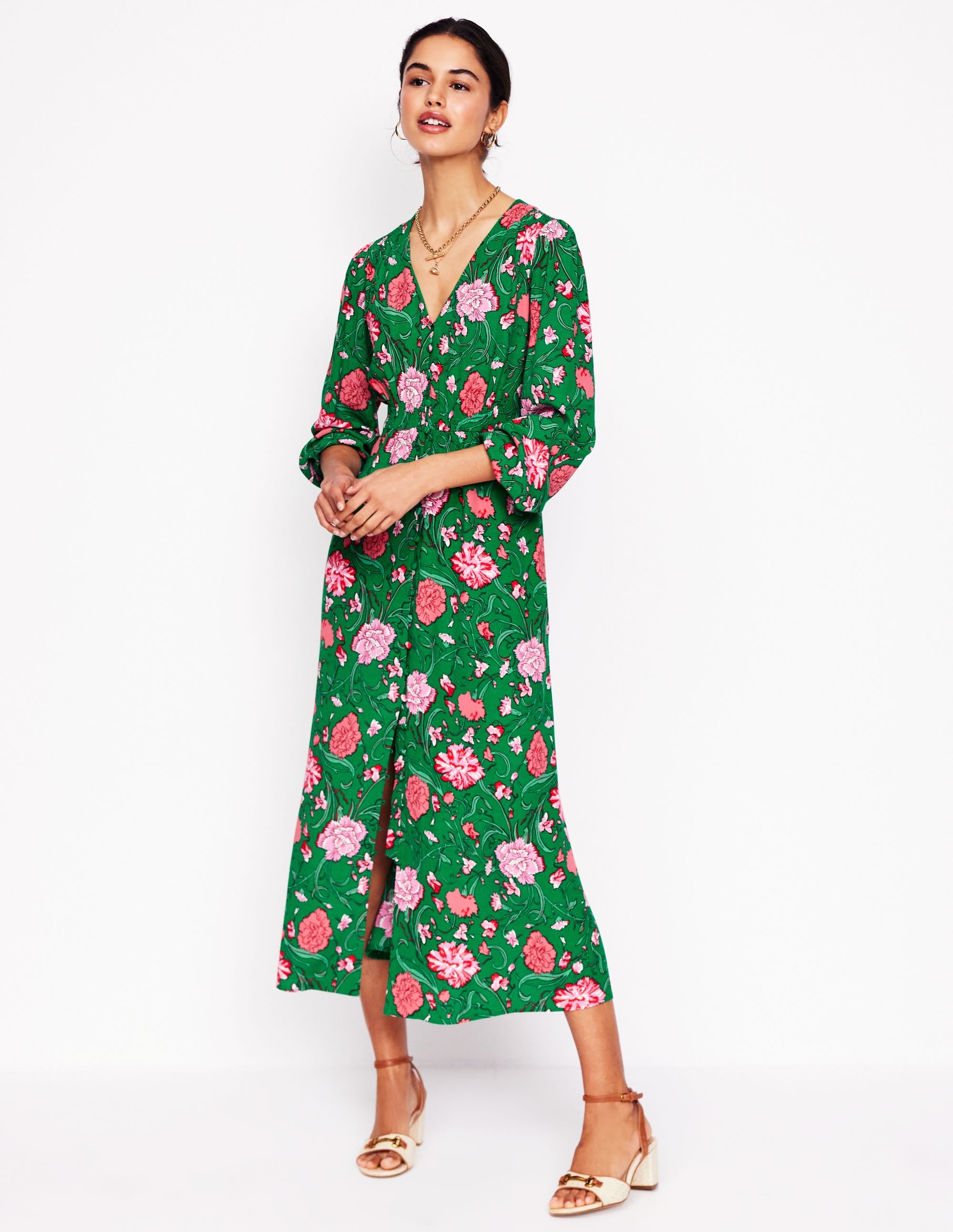 Cynthia Button Tea Dress-Rich Emerald, Carnation Vine - Image 4