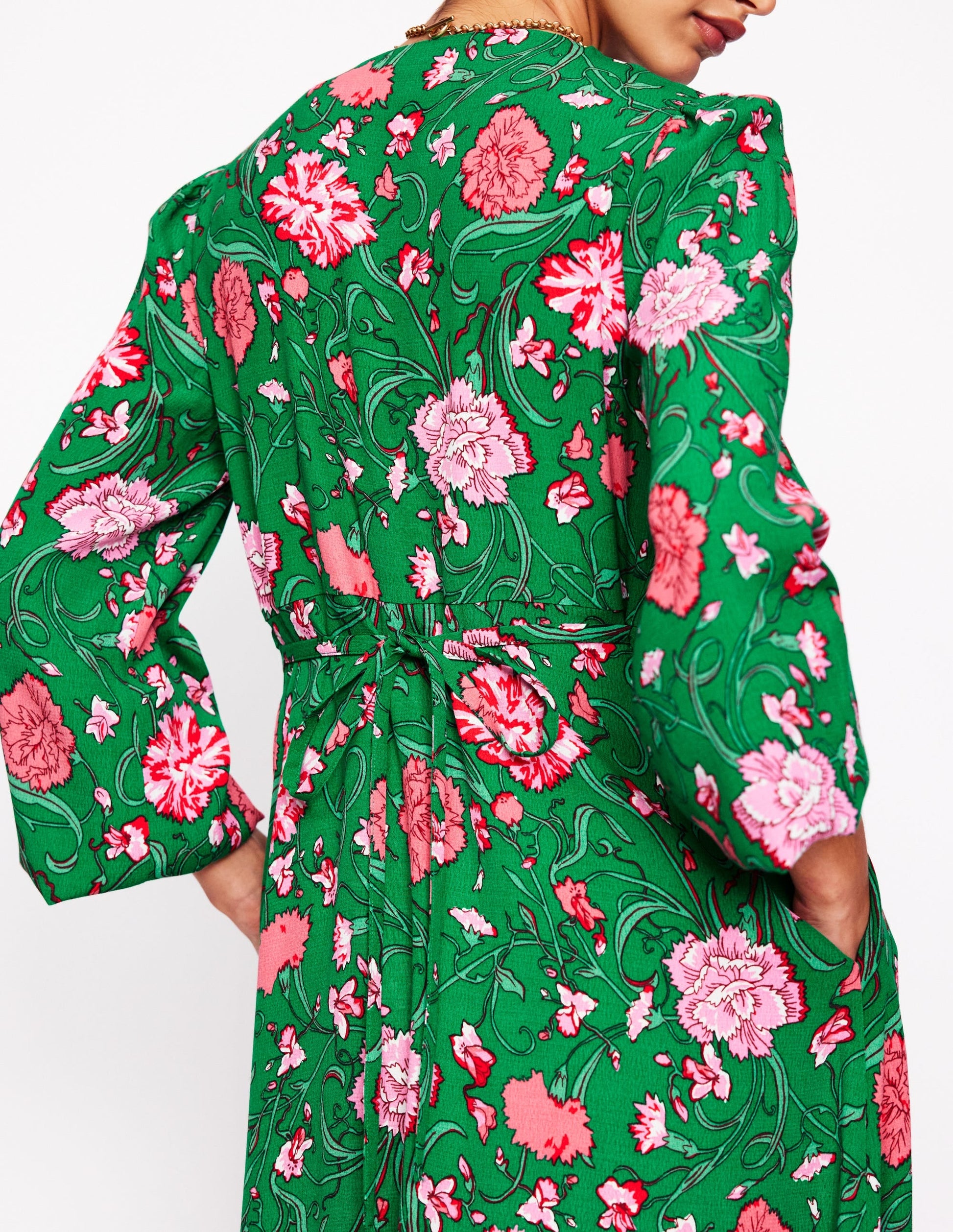 Cynthia Button Tea Dress-Rich Emerald, Carnation Vine-5