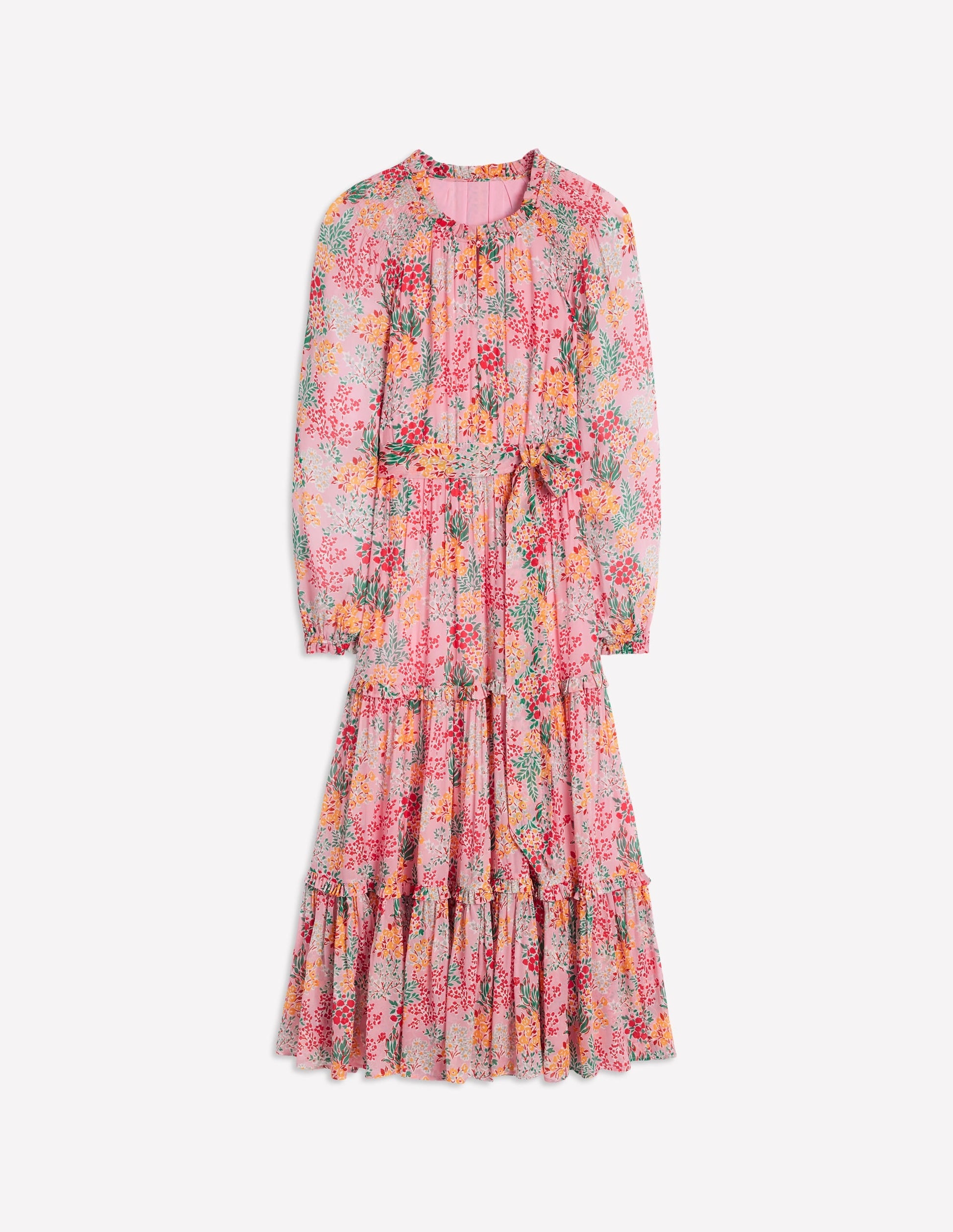 Ruffle Smocked Midi Dress-Almond Pink, Garden Bouquet-6