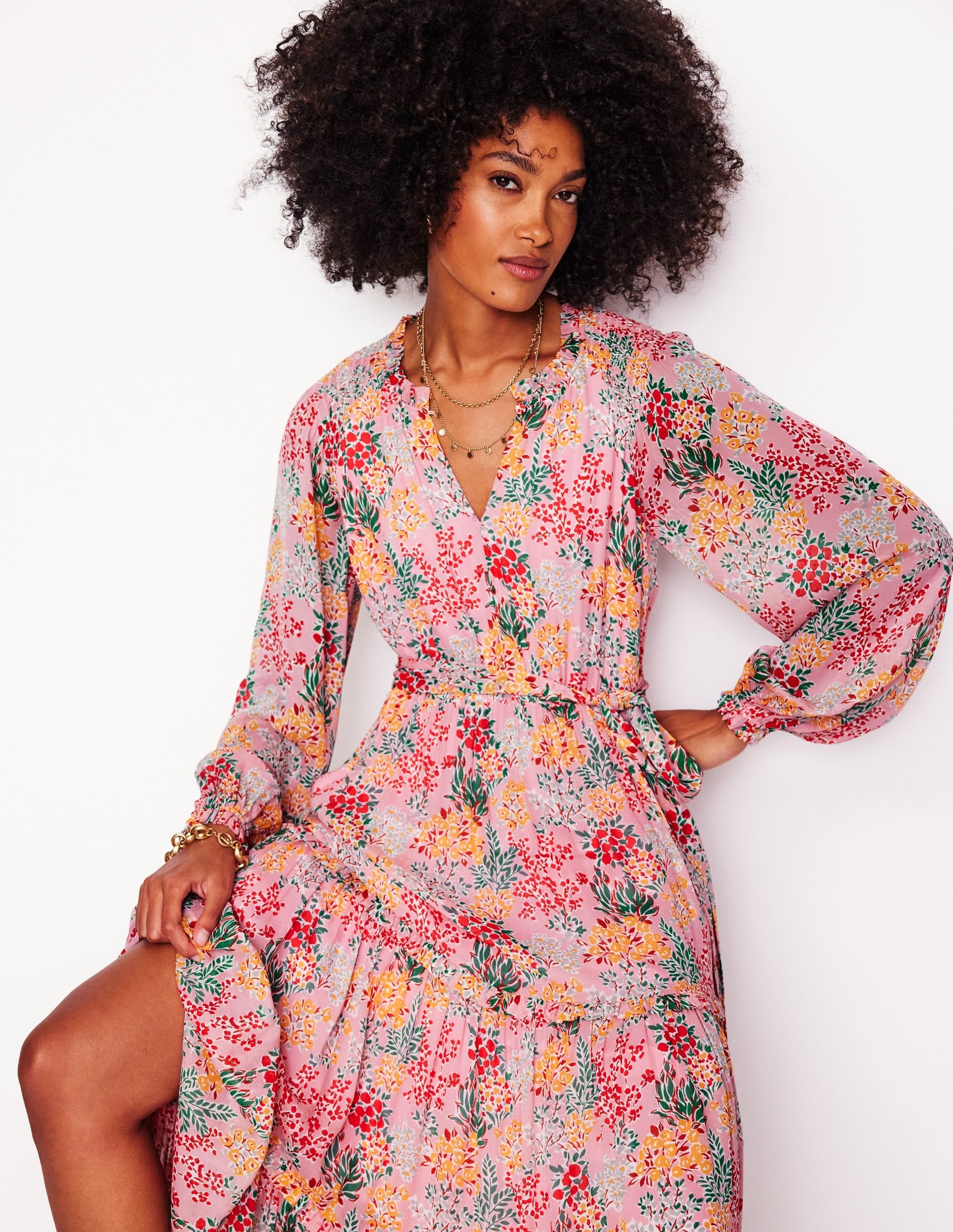 Ruffle Smocked Midi Dress-Almond Pink, Garden Bouquet-2