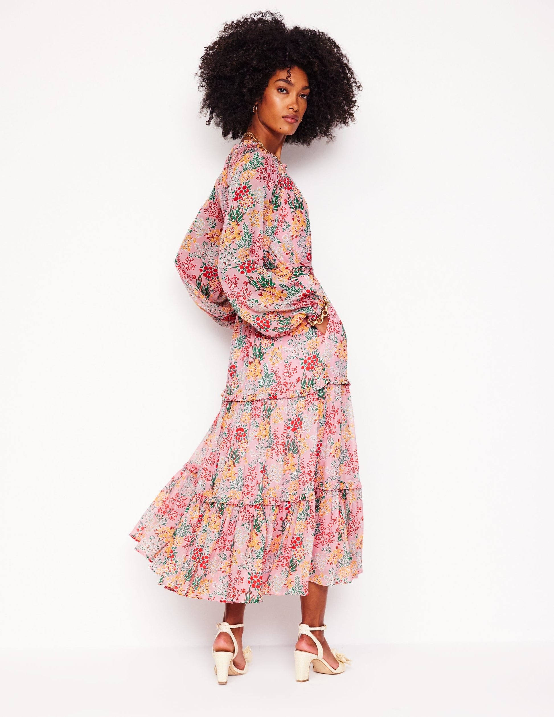 Ruffle Smocked Midi Dress-Almond Pink, Garden Bouquet-4