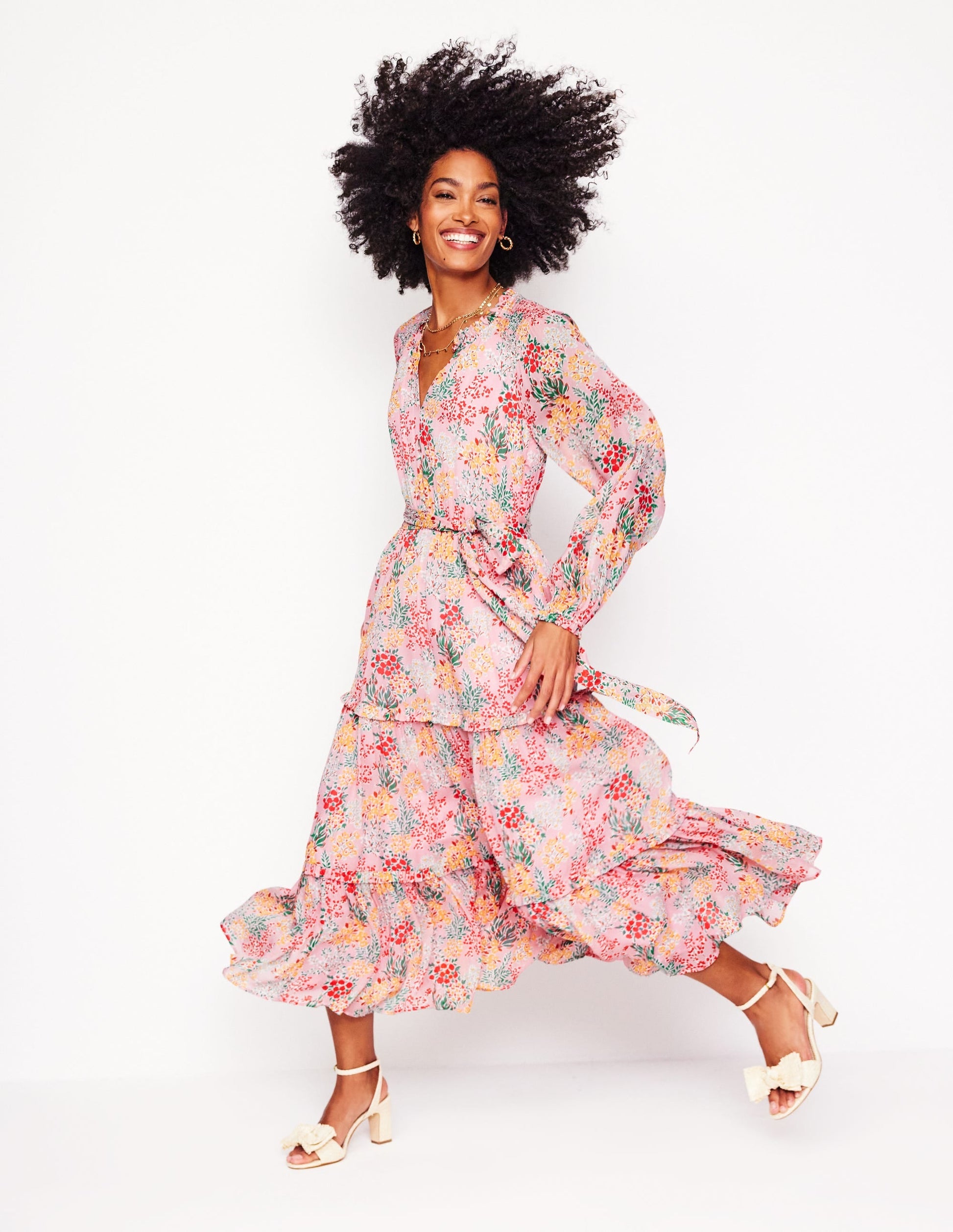 Ruffle Smocked Midi Dress-Almond Pink, Garden Bouquet-5