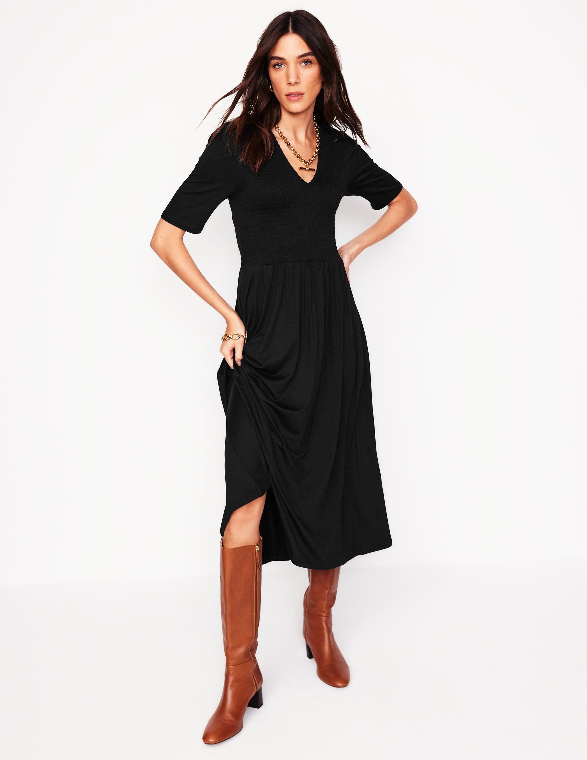 Bethany Smocked Jersey Dress-Black-1